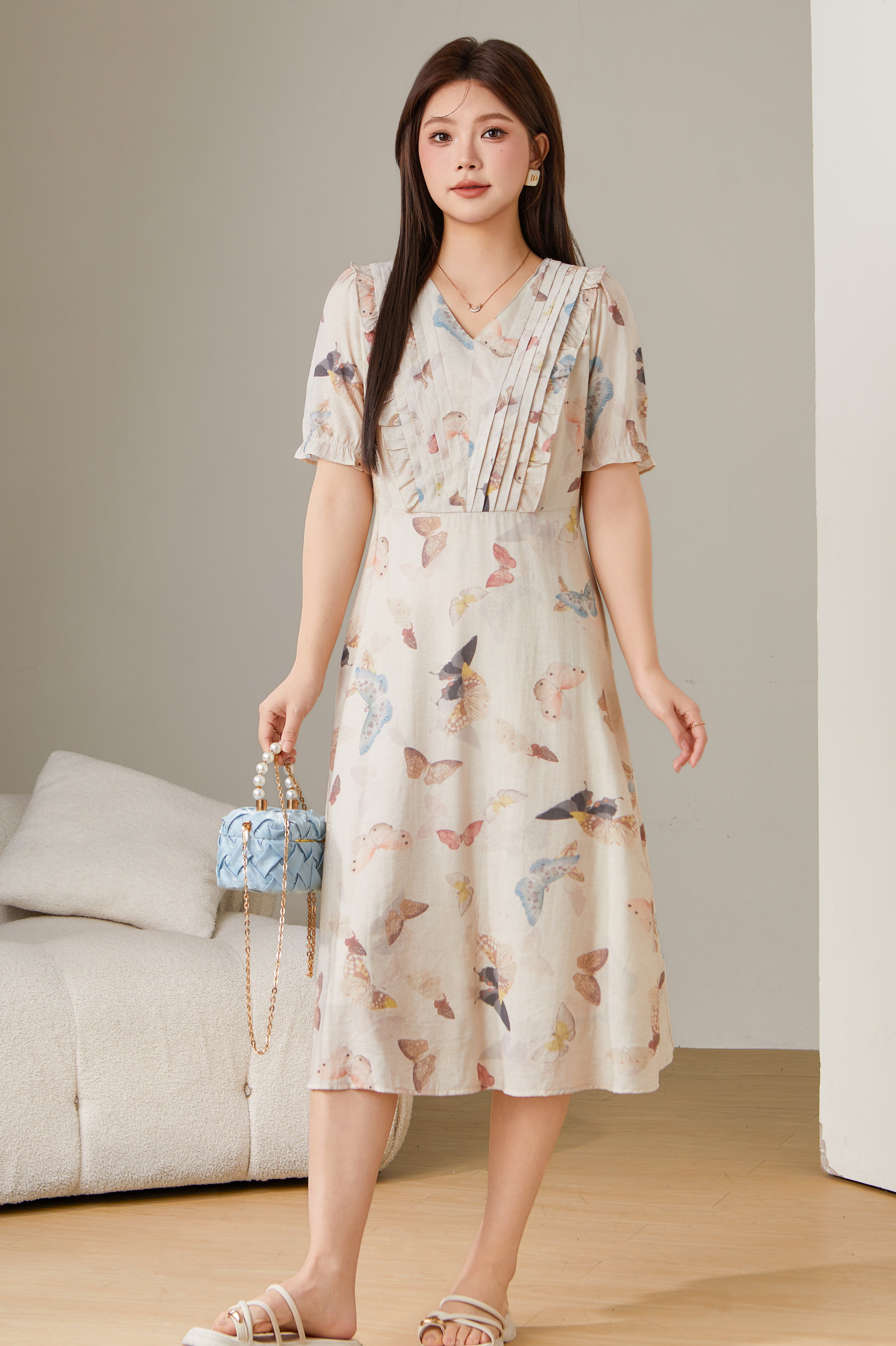 Casual V-neck floral bubble sleeve dress DXQ1607