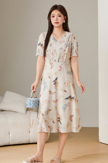 Casual V-neck floral bubble sleeve dress DXQ1607