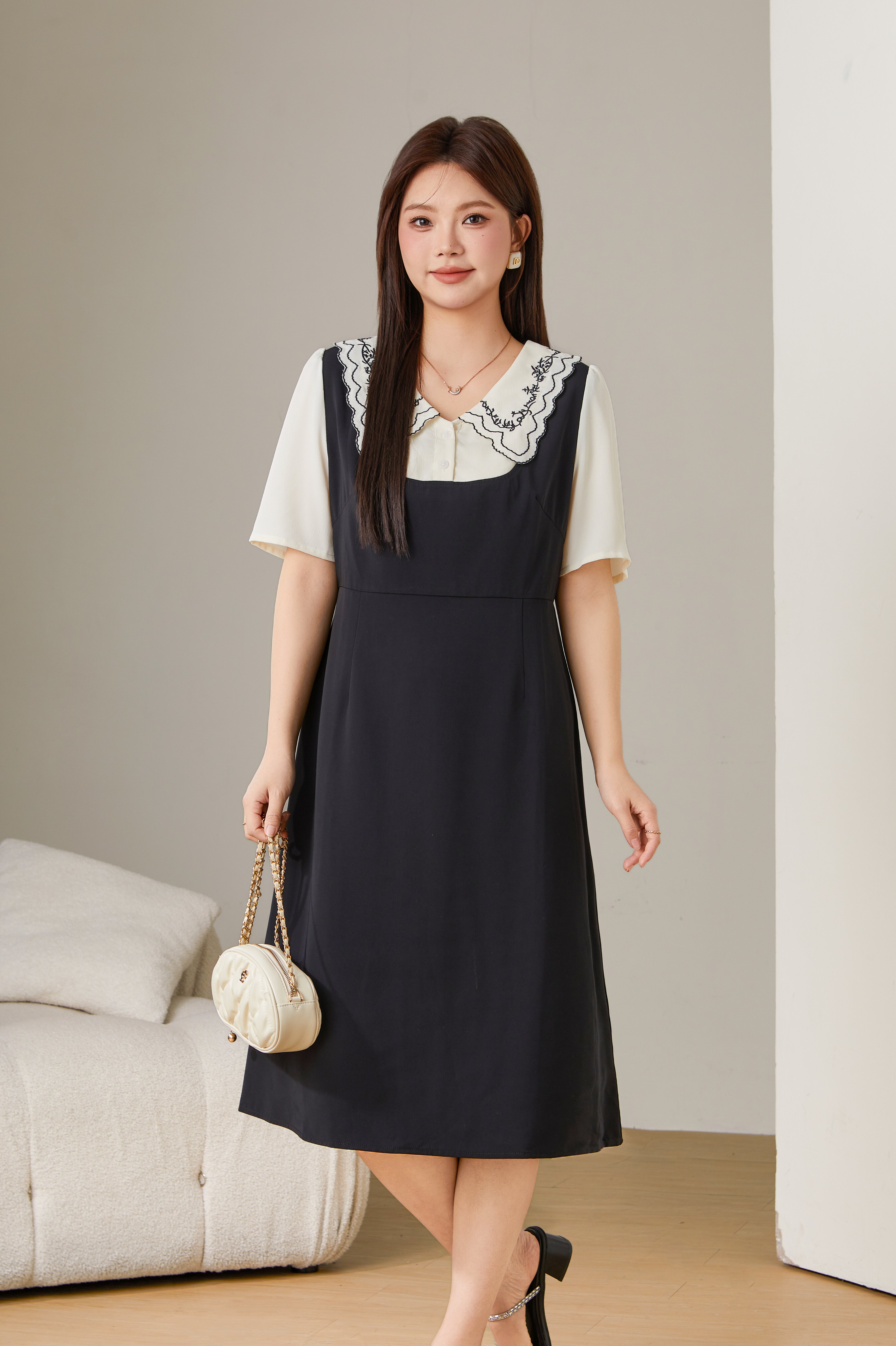 Doll Collar Patchwork Fake Two-Piece Dress DXQ1929