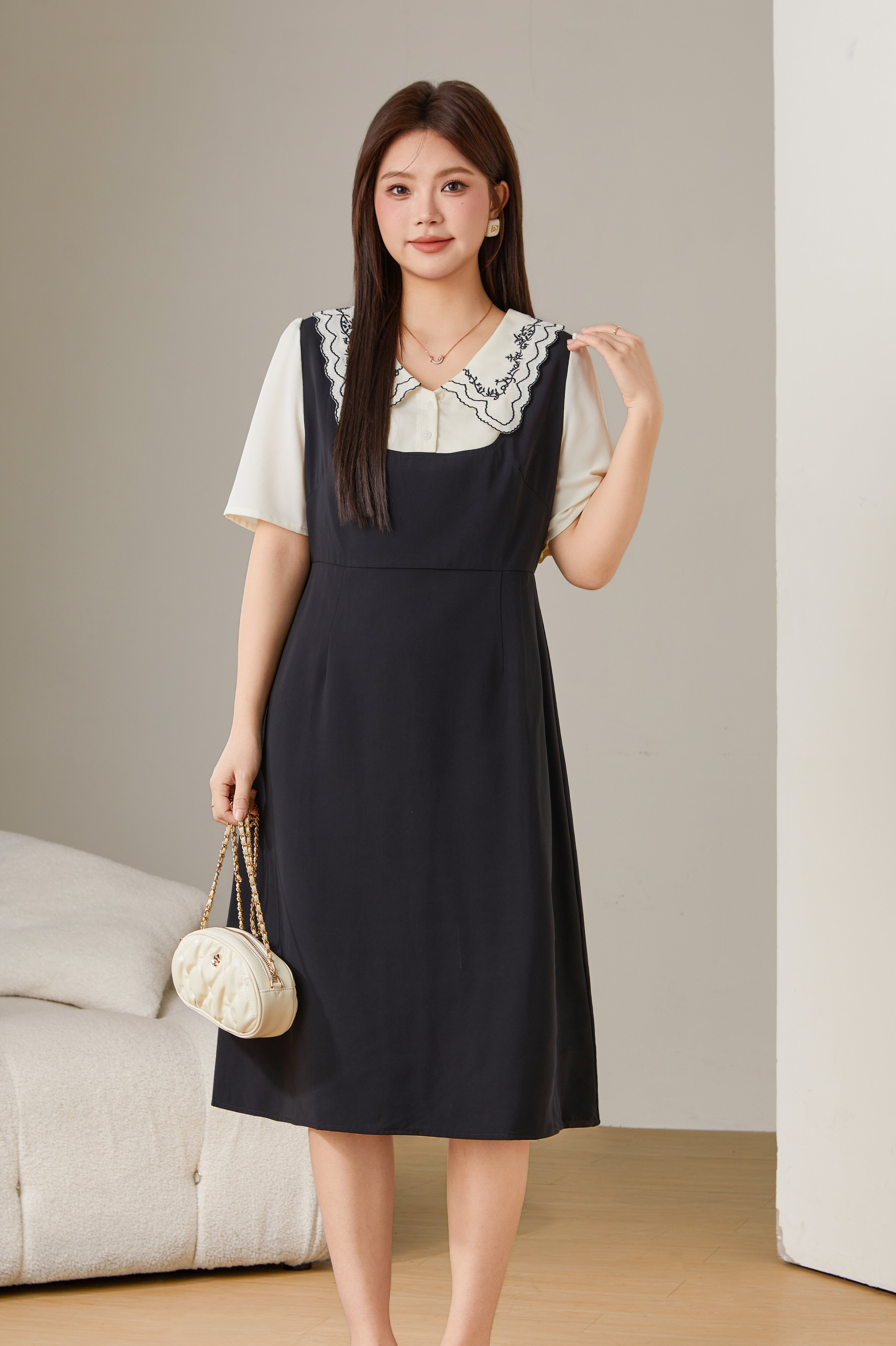Doll Collar Patchwork Fake Two-Piece Dress DXQ1929