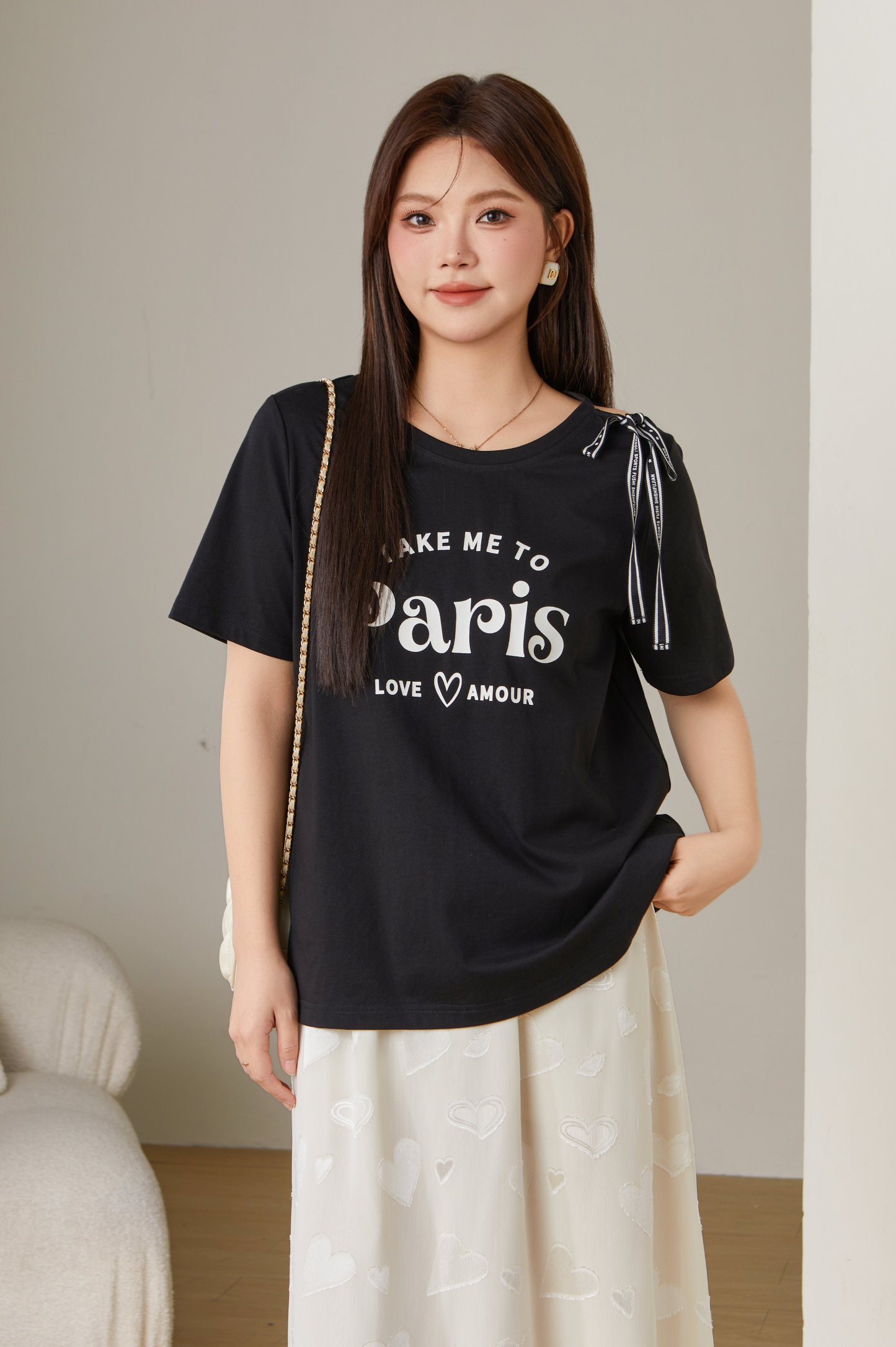 Off-shoulder Tie Salona Cotton Knit T-shirt EXZ2676