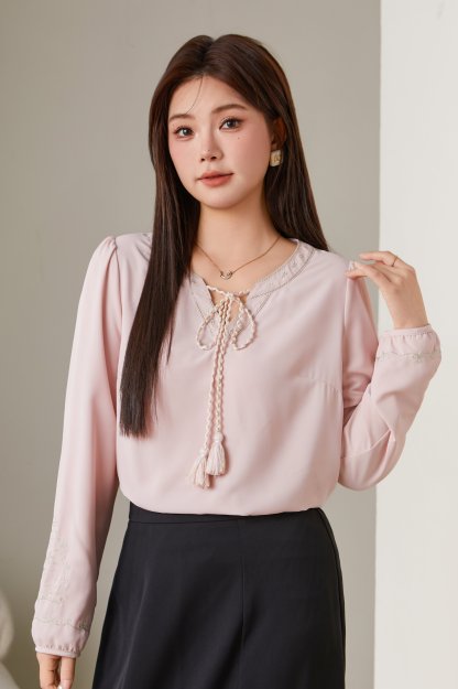Embroidered V-neck Lantern Sleeve Blouse ECA2623