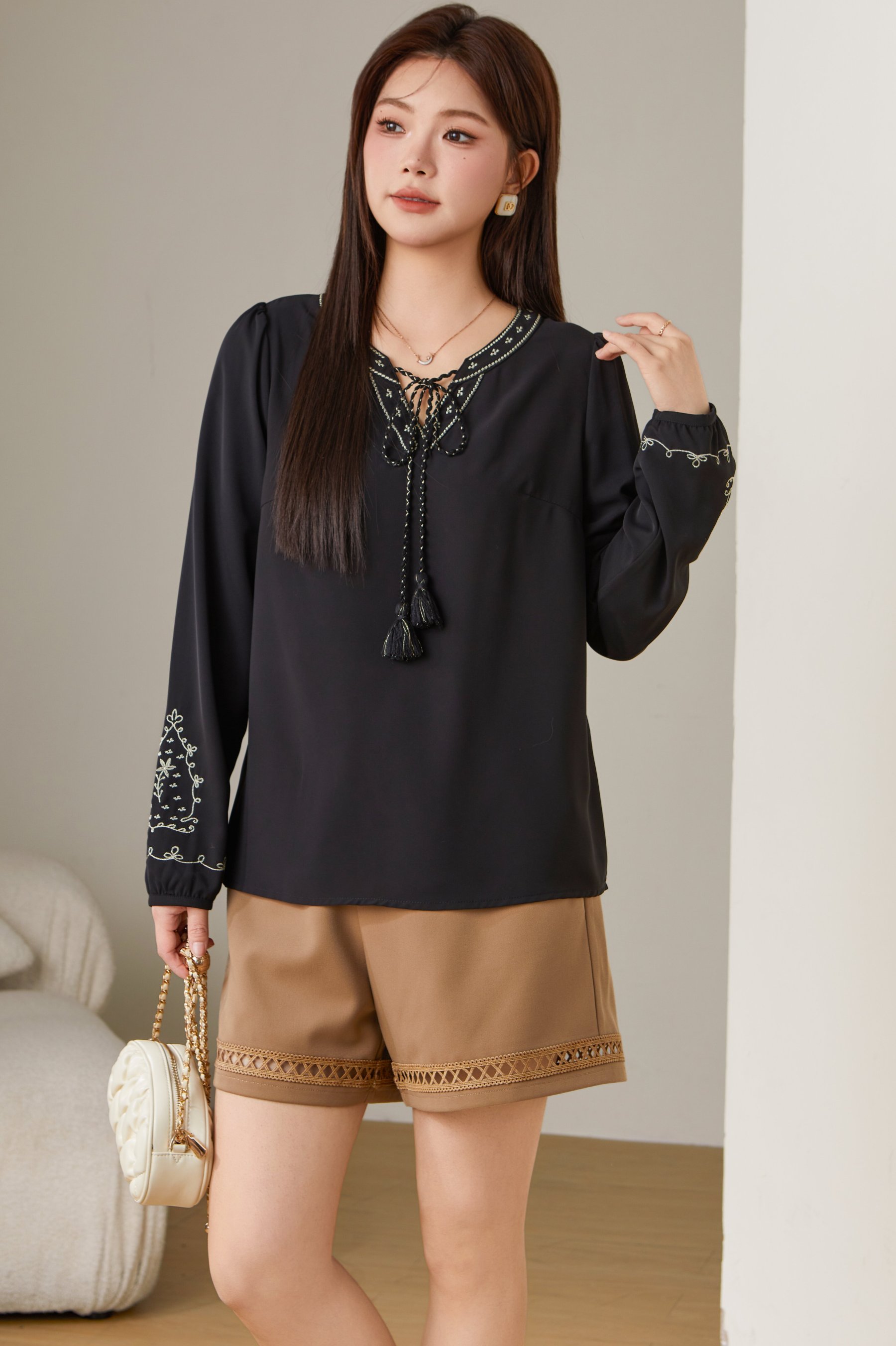 Embroidered V-neck Lantern Sleeve Blouse ECA2623