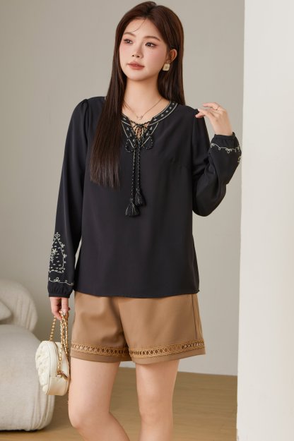 Embroidered V-neck Lantern Sleeve Blouse ECA2623