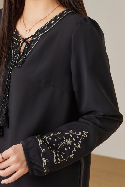 Embroidered V-neck Lantern Sleeve Blouse ECA2623