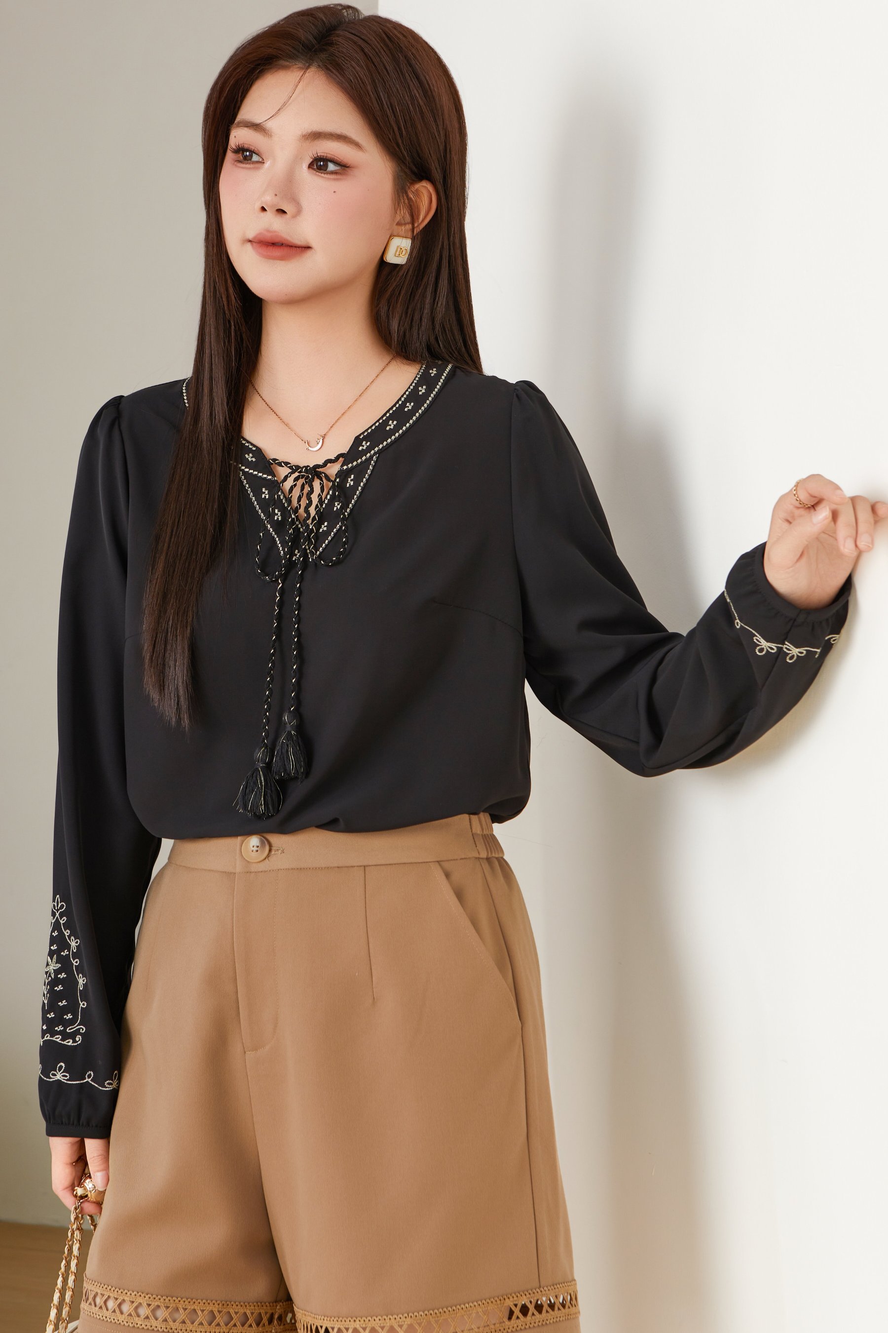 Embroidered V-neck Lantern Sleeve Blouse ECA2623