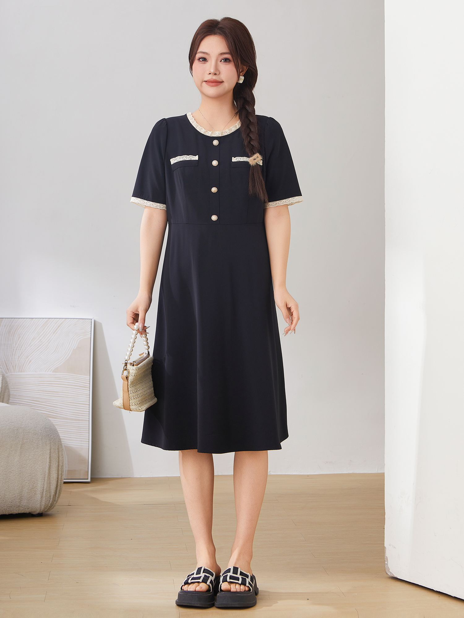 Vintage Color-Block Lace Trim Elegant Dress EXQ2955