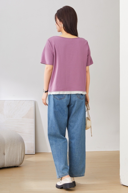 Round Neck Ruffle Edge Fake Two-Piece Top EXZ2962