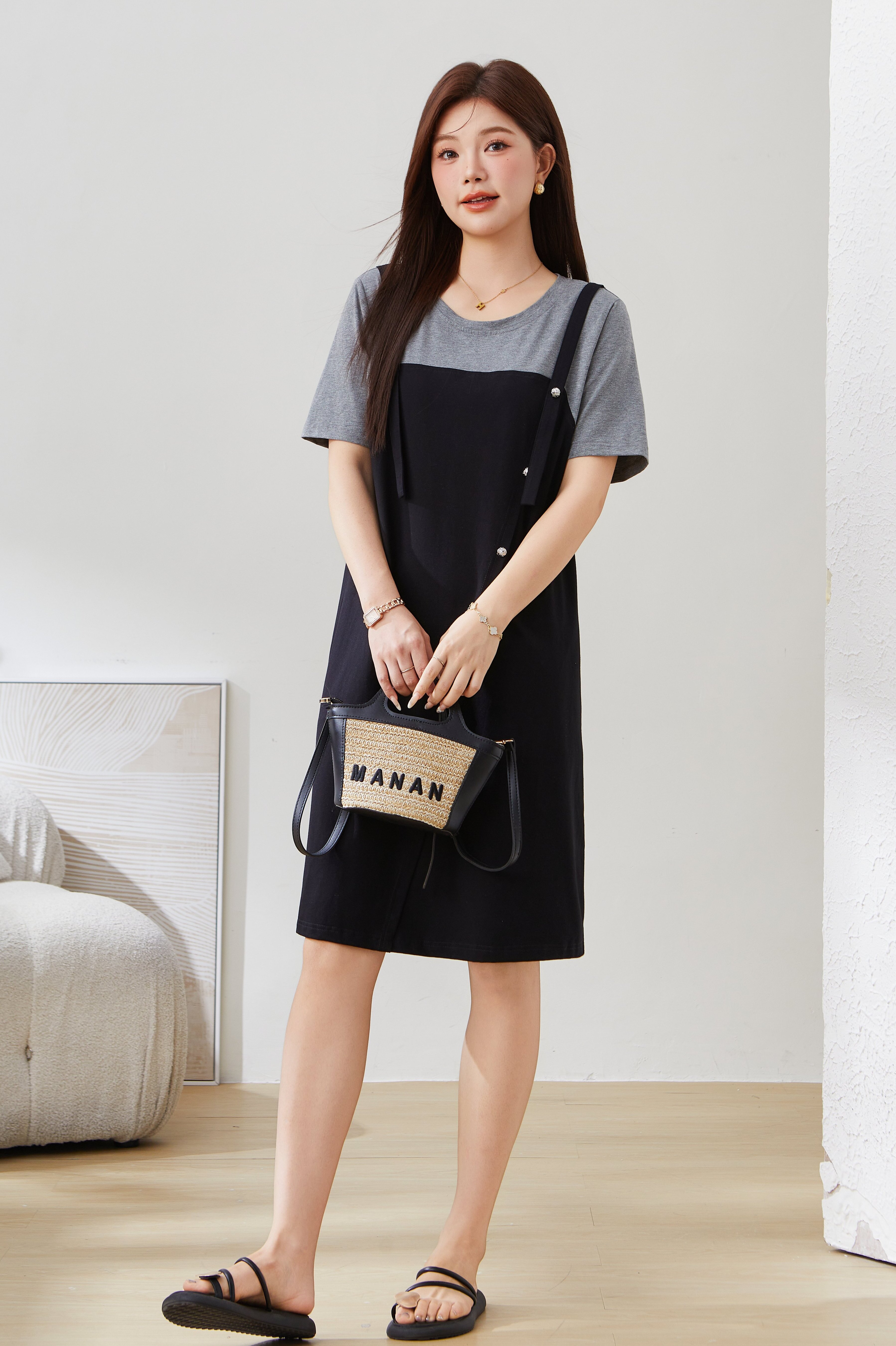SEA Color Block Fake Two-Piece Mid-Length Dress EXQ5298