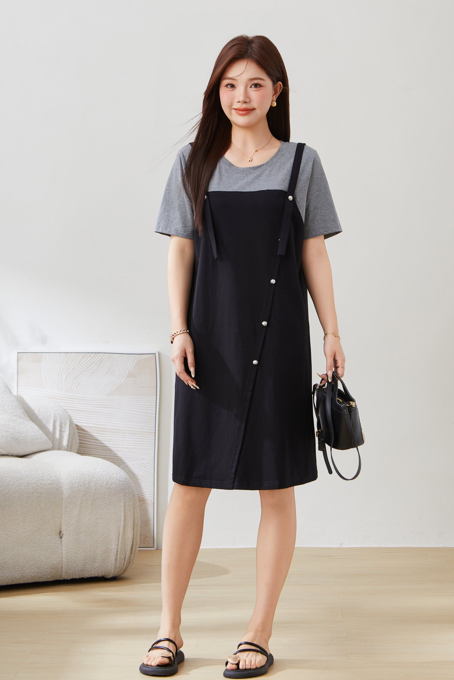 SEA Color Block Fake Two-Piece Mid-Length Dress EXQ5298