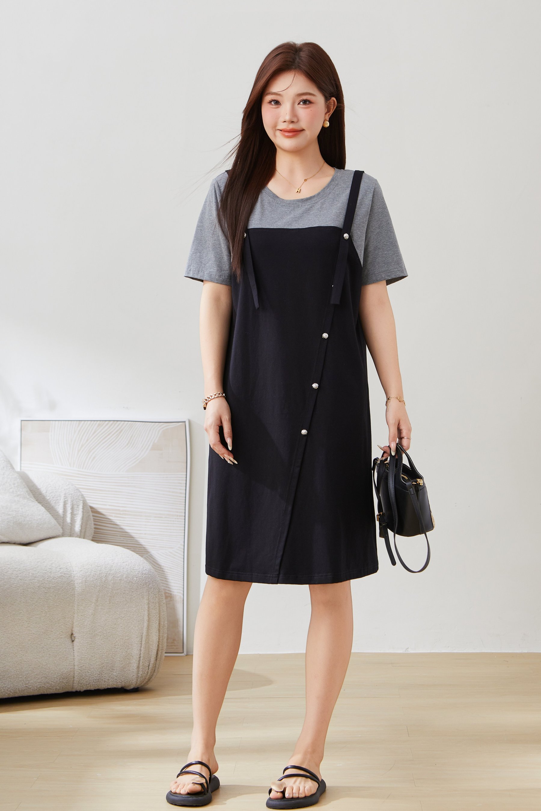 SEA Color Block Fake Two-Piece Mid-Length Dress EXQ5298