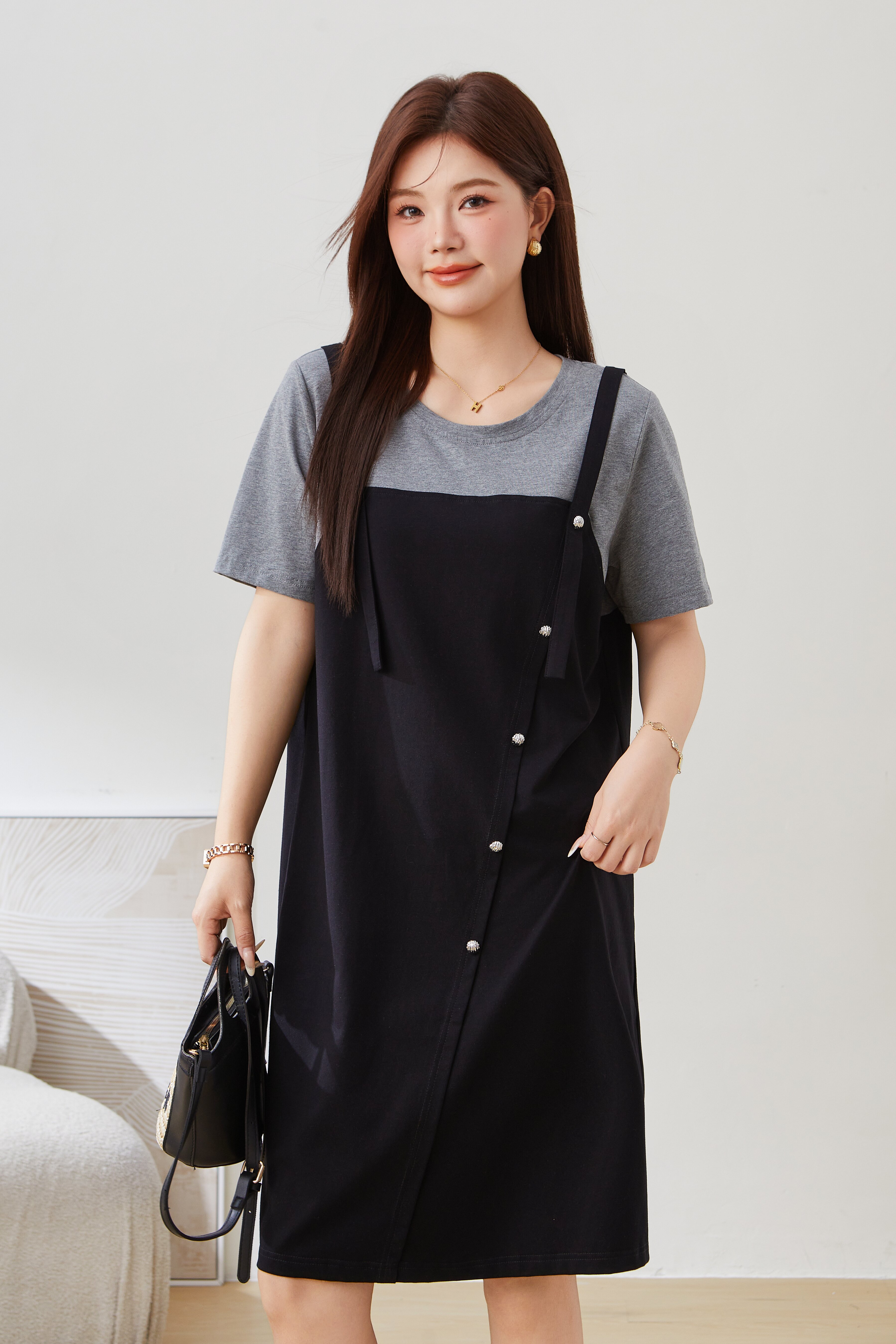 SEA Color Block Fake Two-Piece Mid-Length Dress EXQ5298