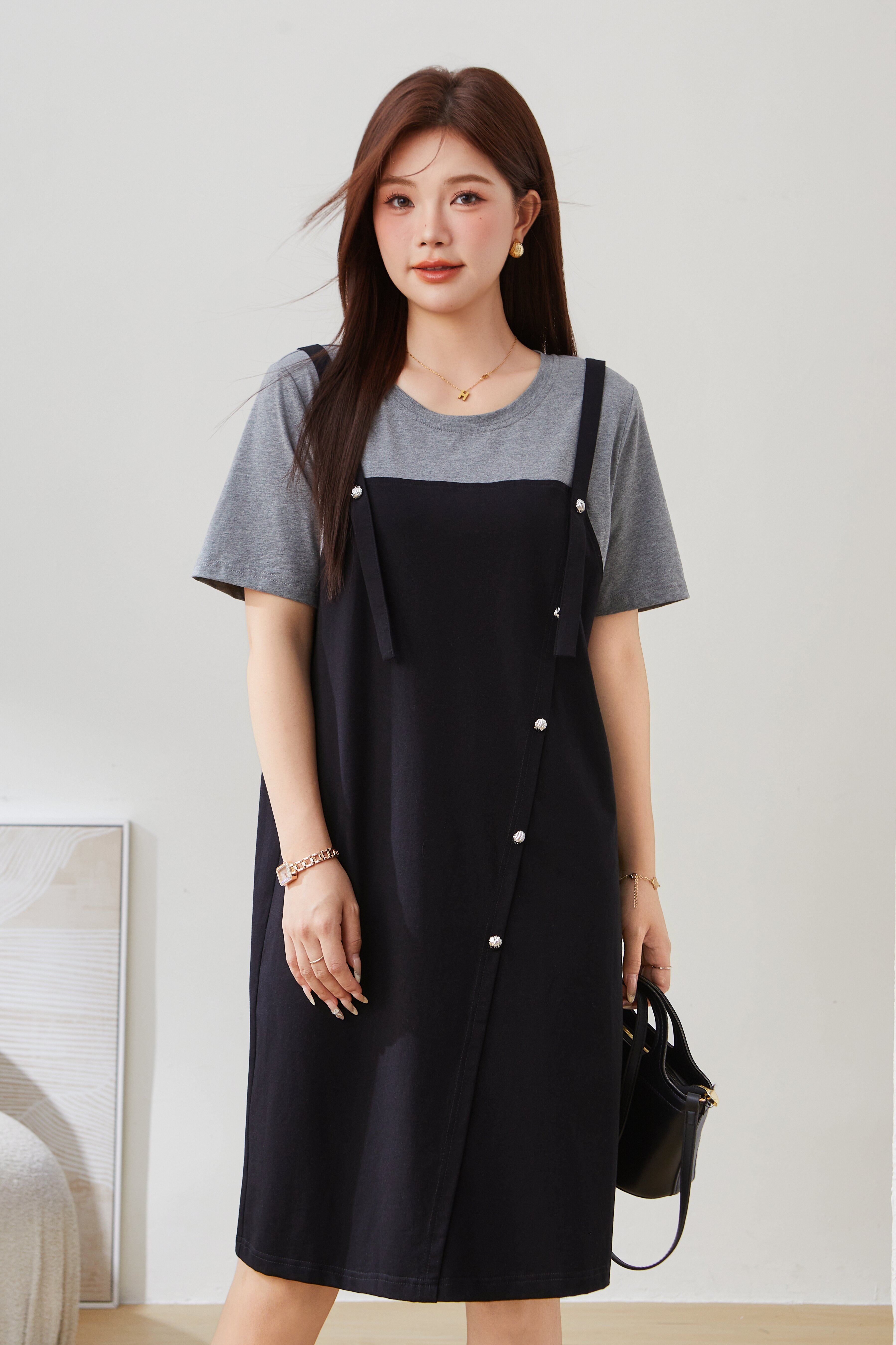 SEA Color Block Fake Two-Piece Mid-Length Dress EXQ5298