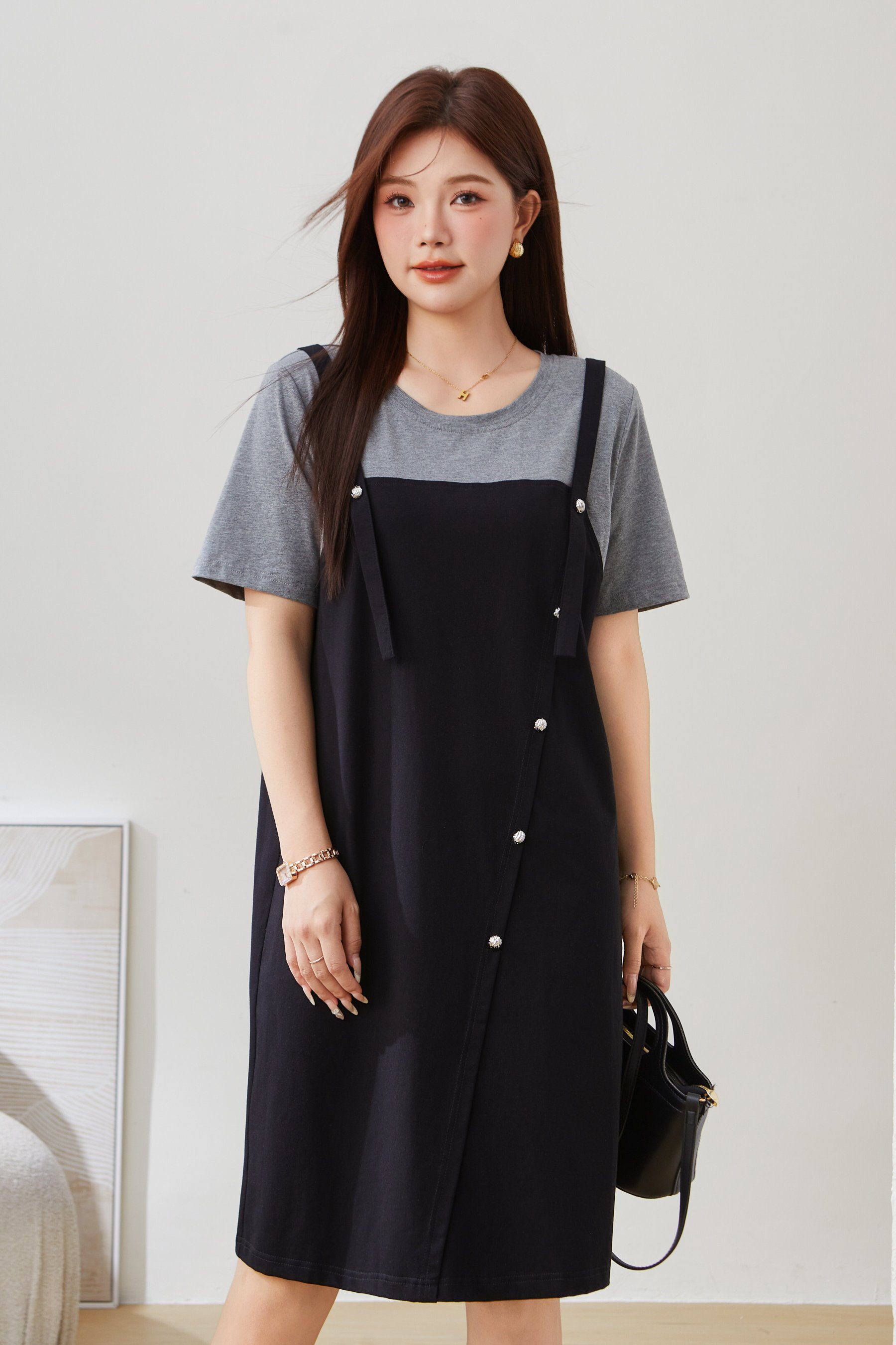 SEA Color Block Fake Two-Piece Mid-Length Dress EXQ5298