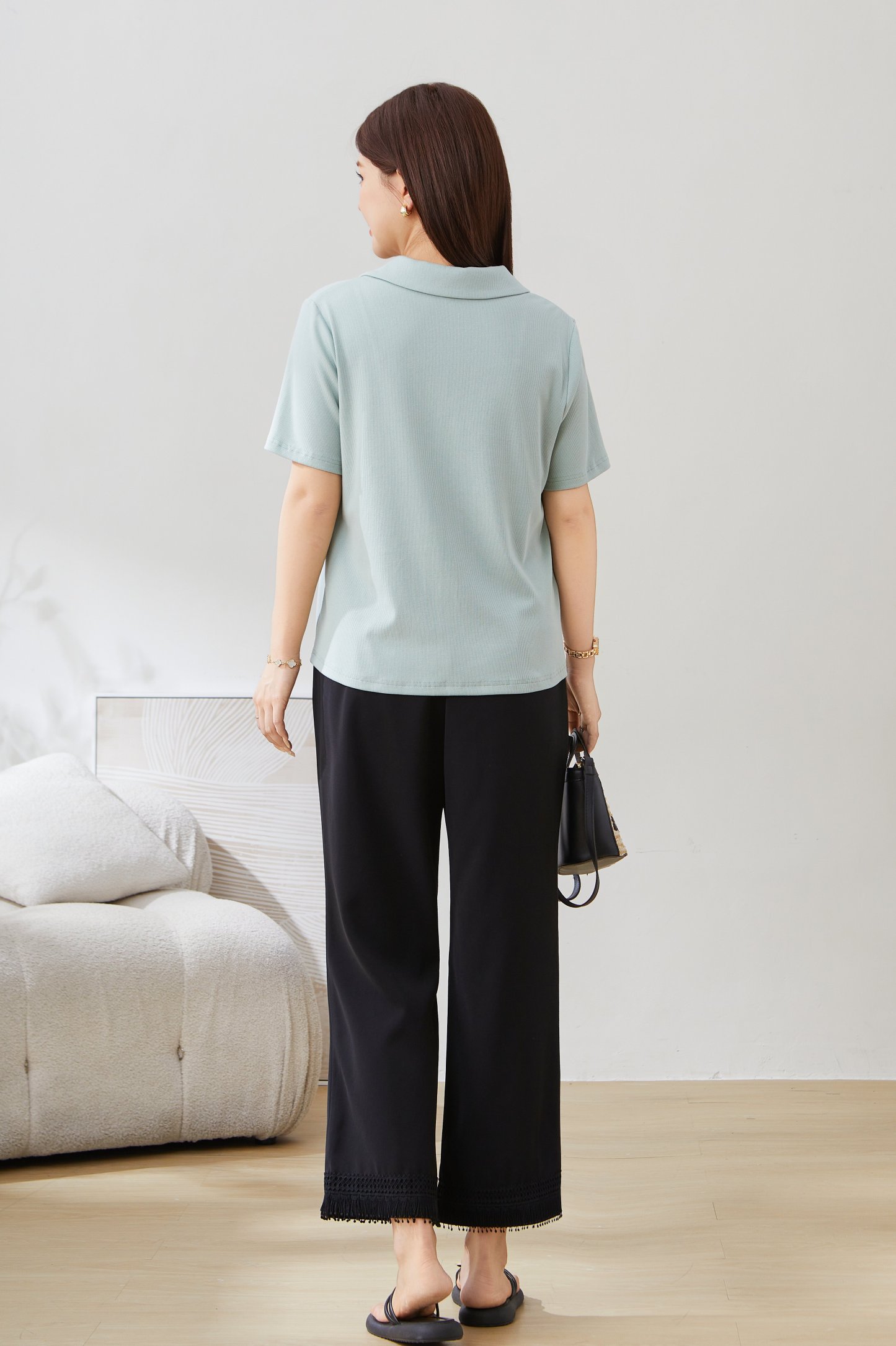 POLO Collar Zipper Pleated Short Sleeve Top EXZ5279