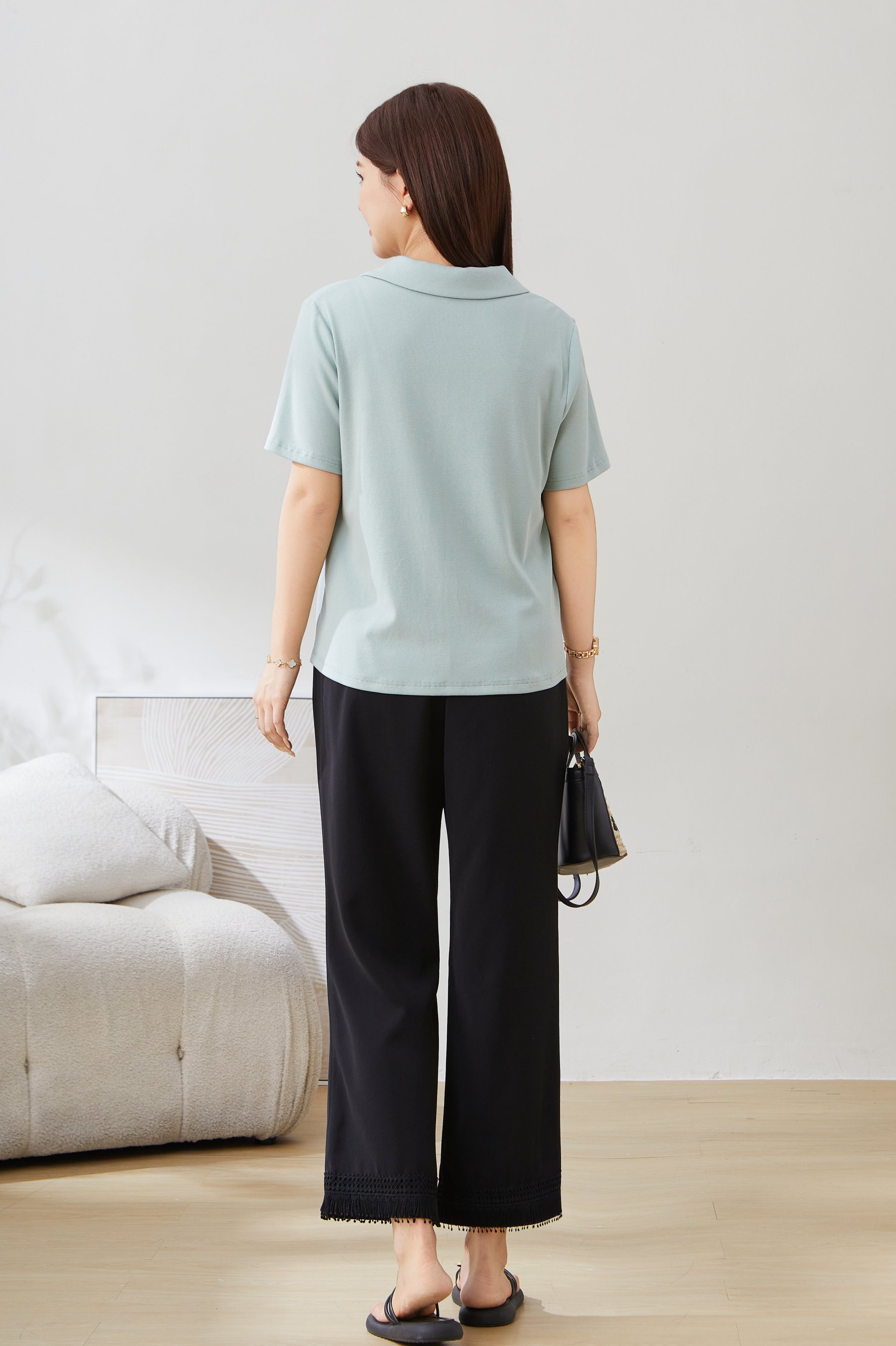 POLO Collar Zipper Pleated Short Sleeve Top EXZ5279