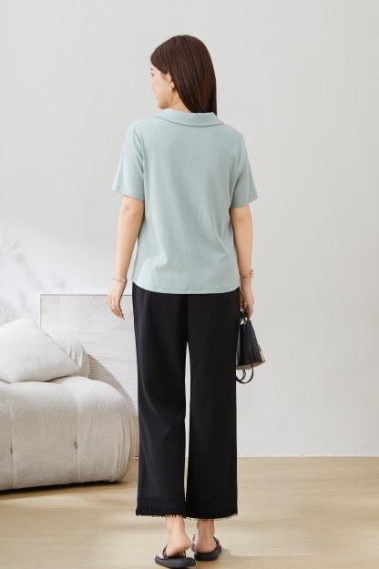 POLO Collar Zipper Pleated Short Sleeve Top EXZ5279