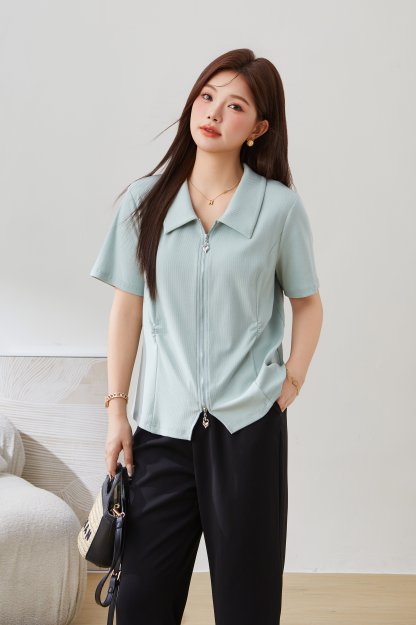 POLO Collar Zipper Pleated Short Sleeve Top EXZ5279
