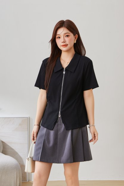 POLO Collar Zipper Pleated Short Sleeve Top EXZ5279
