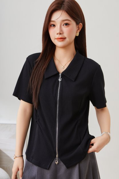 POLO Collar Zipper Pleated Short Sleeve Top EXZ5279