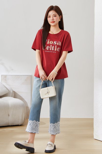 Arch Bridge Letter Embroidered Knitted Short Sleeve EXZ5311