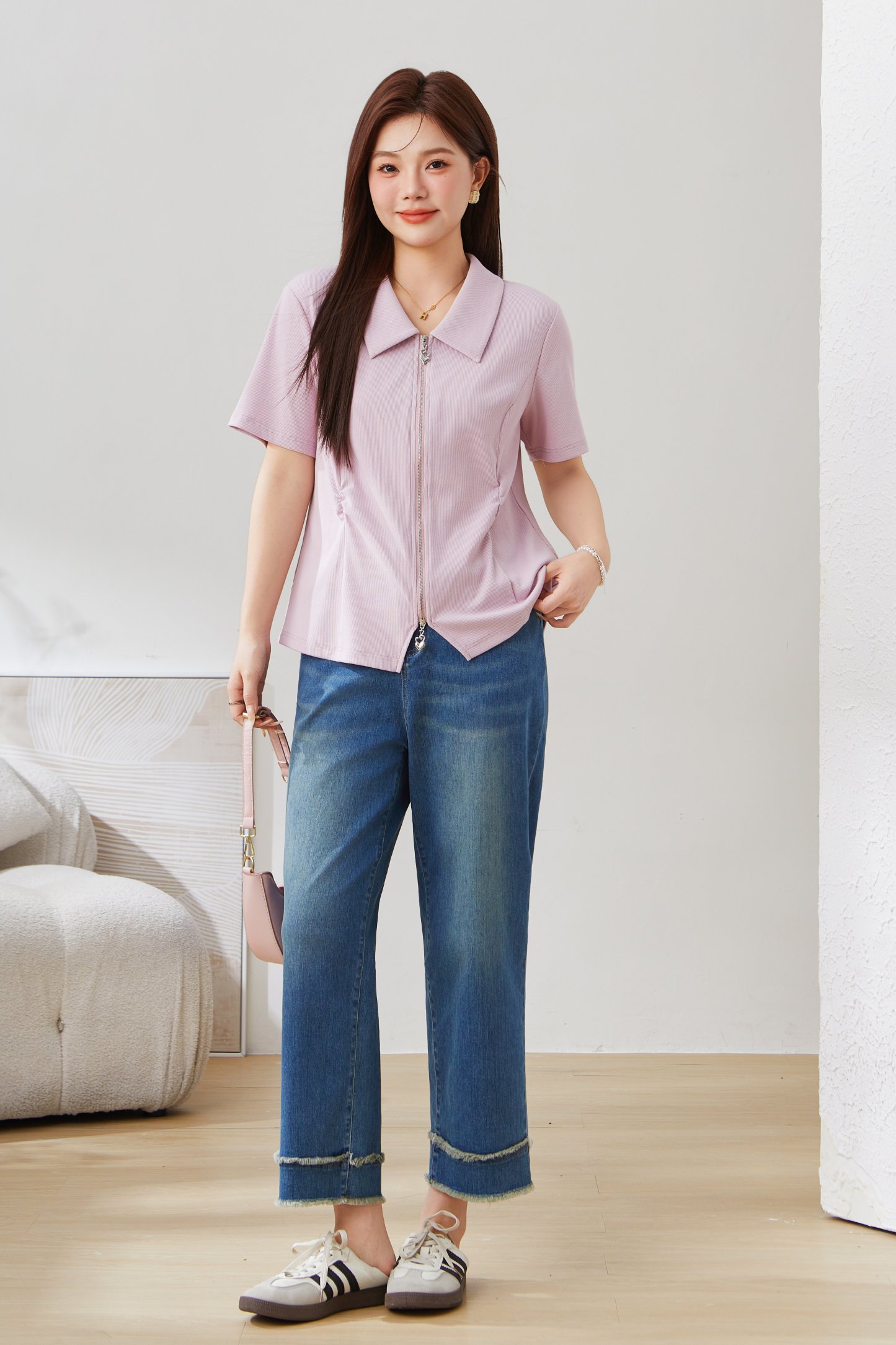 POLO Collar Zipper Pleated Short Sleeve Top EXZ5279