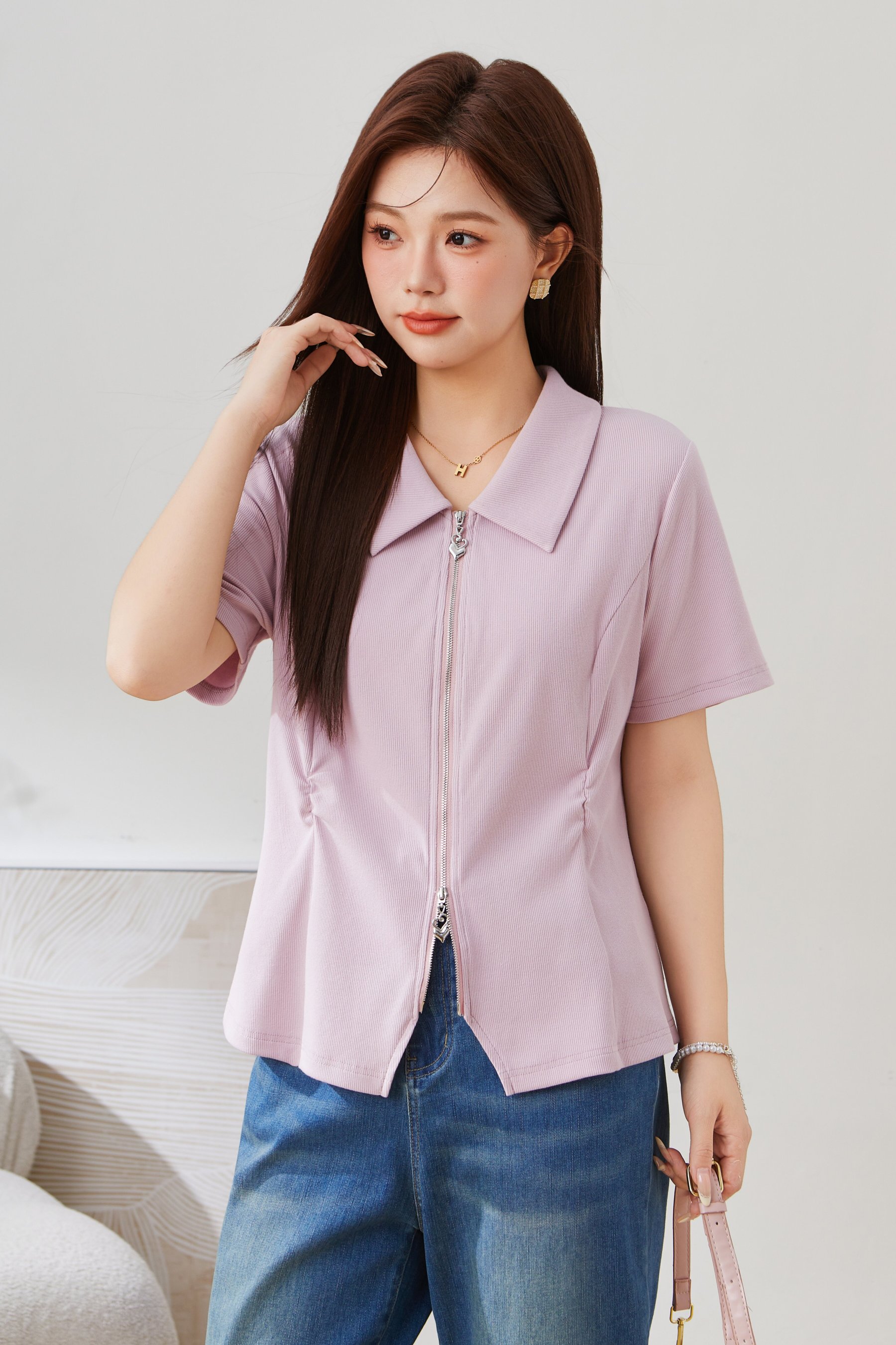 POLO Collar Zipper Pleated Short Sleeve Top EXZ5279