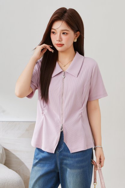 POLO Collar Zipper Pleated Short Sleeve Top EXZ5279