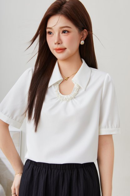 Solid Color Pearl Decorated Top EXA5222