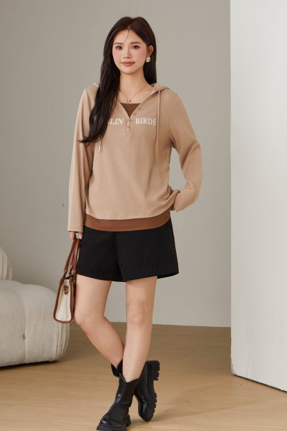 Fake Two-Piece Spliced Hooded Long Sleeve T-Shirt Top ECZ1921