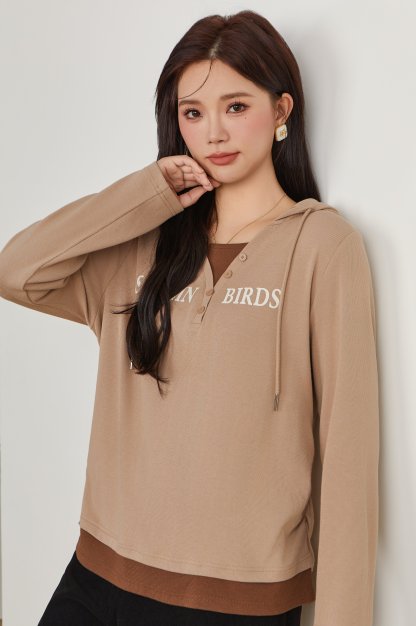 Fake Two-Piece Spliced Hooded Long Sleeve T-Shirt Top ECZ1921