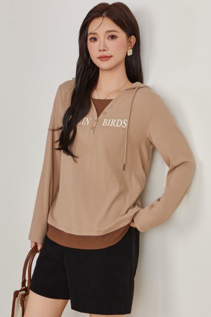 Fake Two-Piece Spliced Hooded Long Sleeve T-Shirt Top ECZ1921