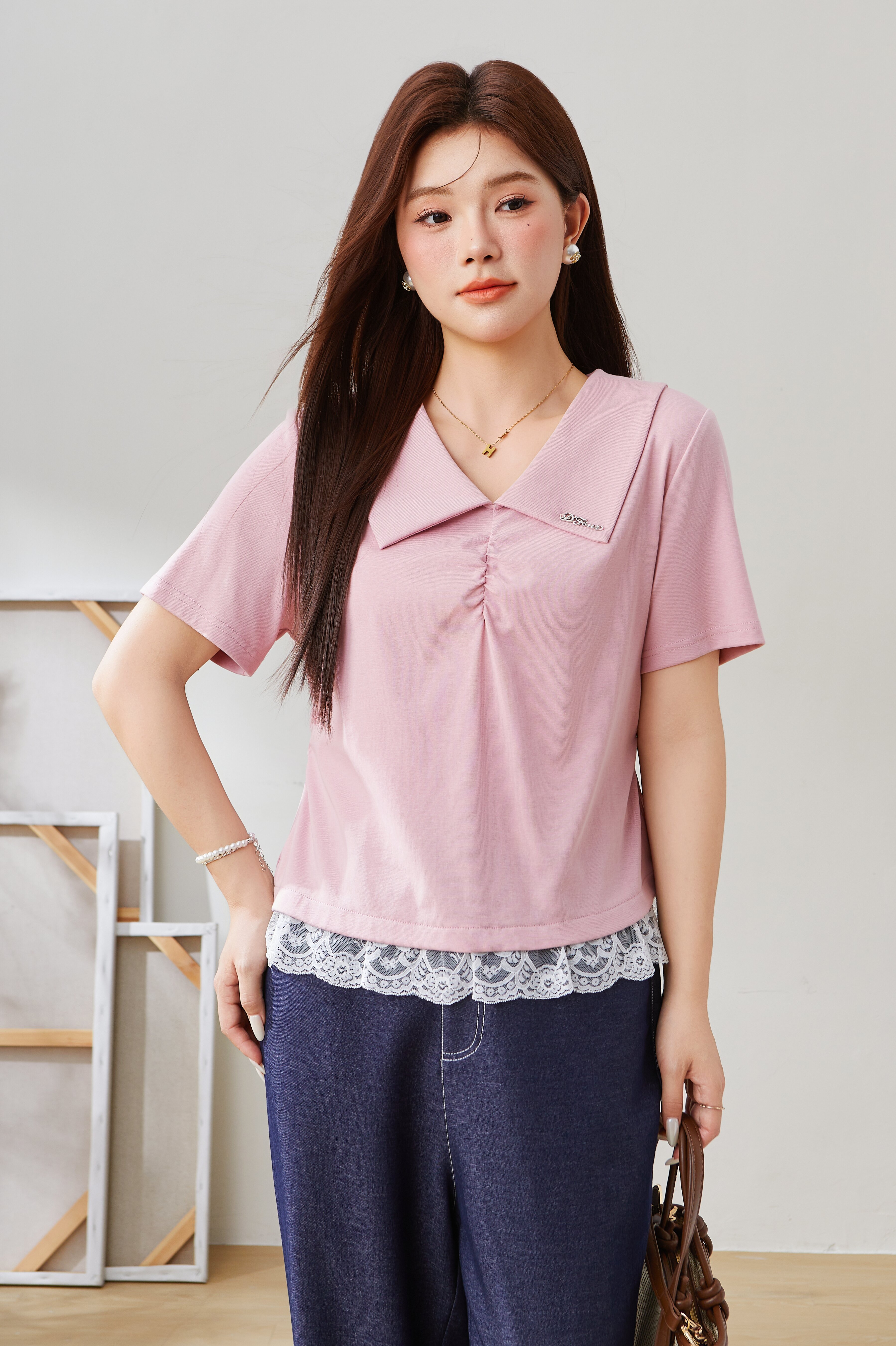 Lapel Lace Knitted T-shirt EXZ5535