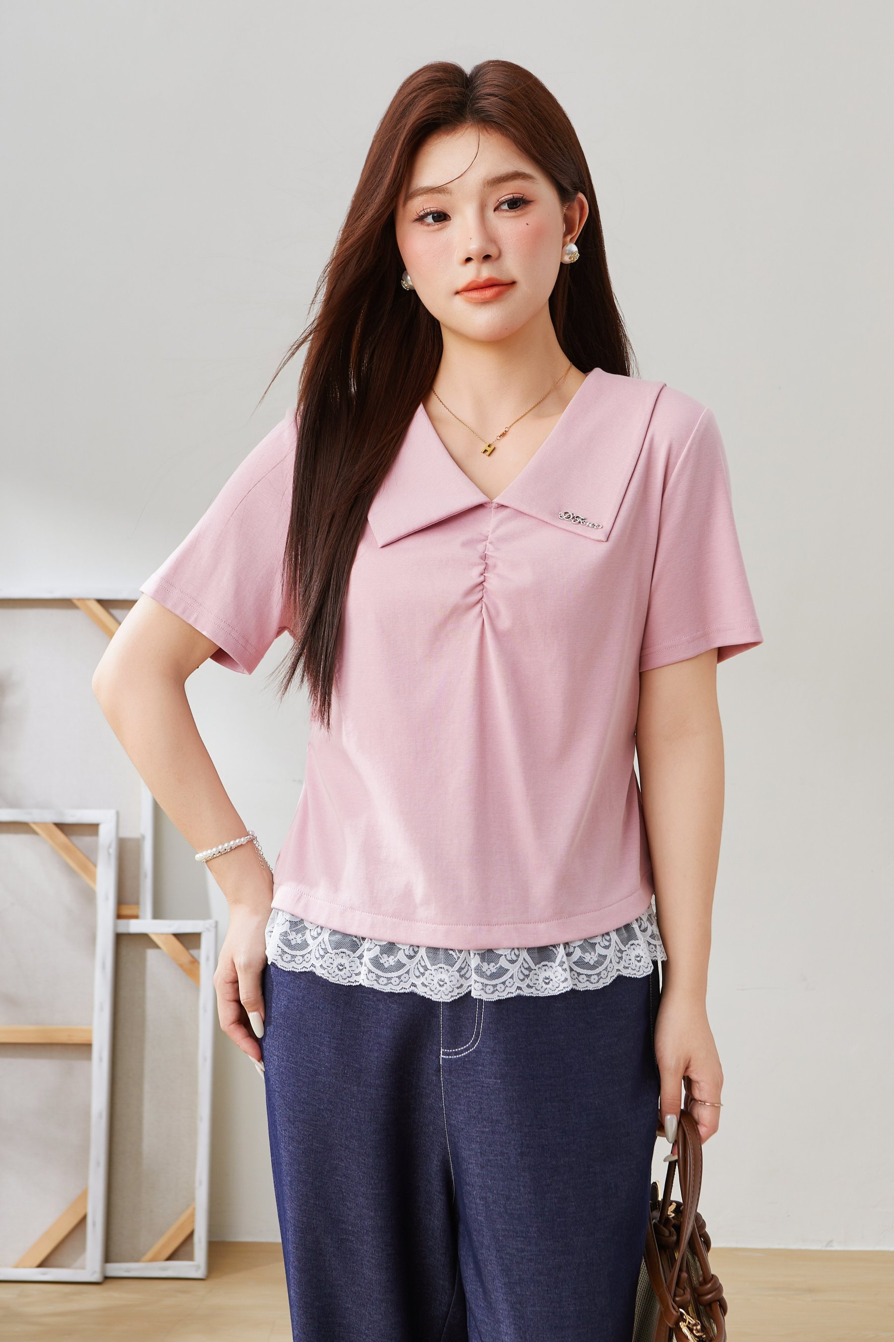 Lapel Lace Knitted T-shirt EXZ5535