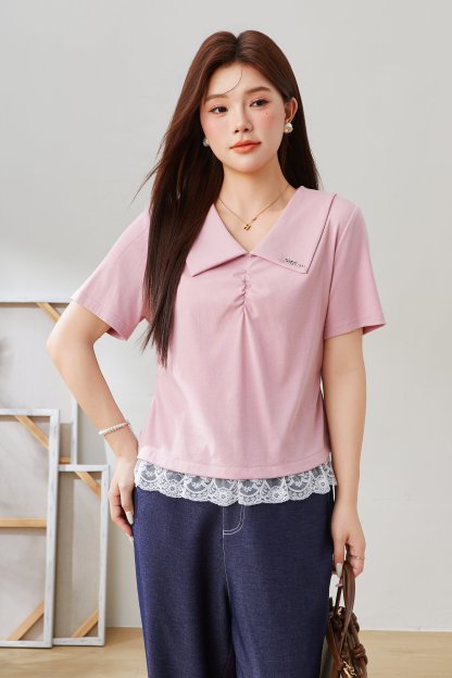Lapel Lace Knitted T-shirt EXZ5535