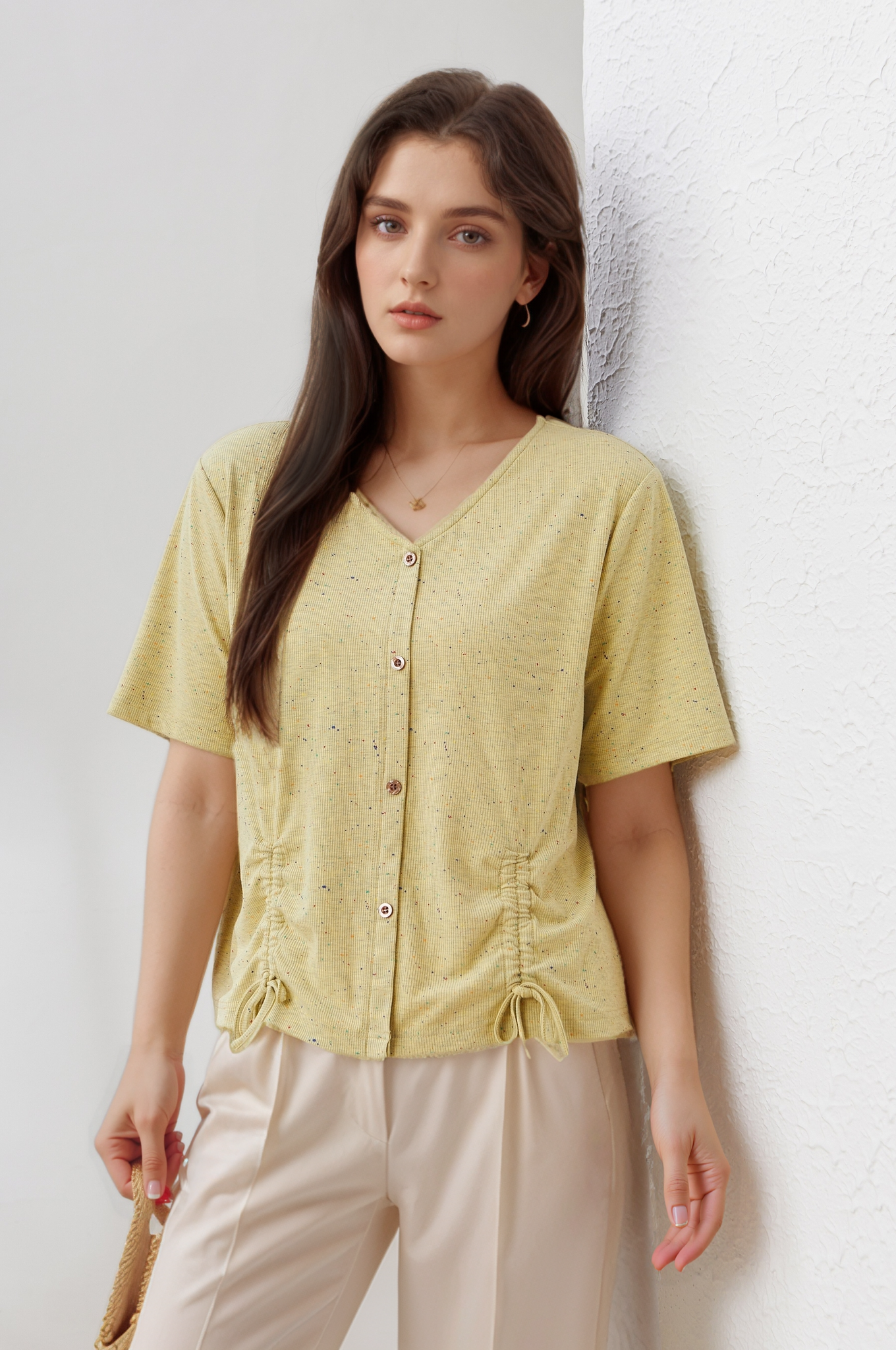 Drawstring Pleated V-neck Knit Top EXZ3038