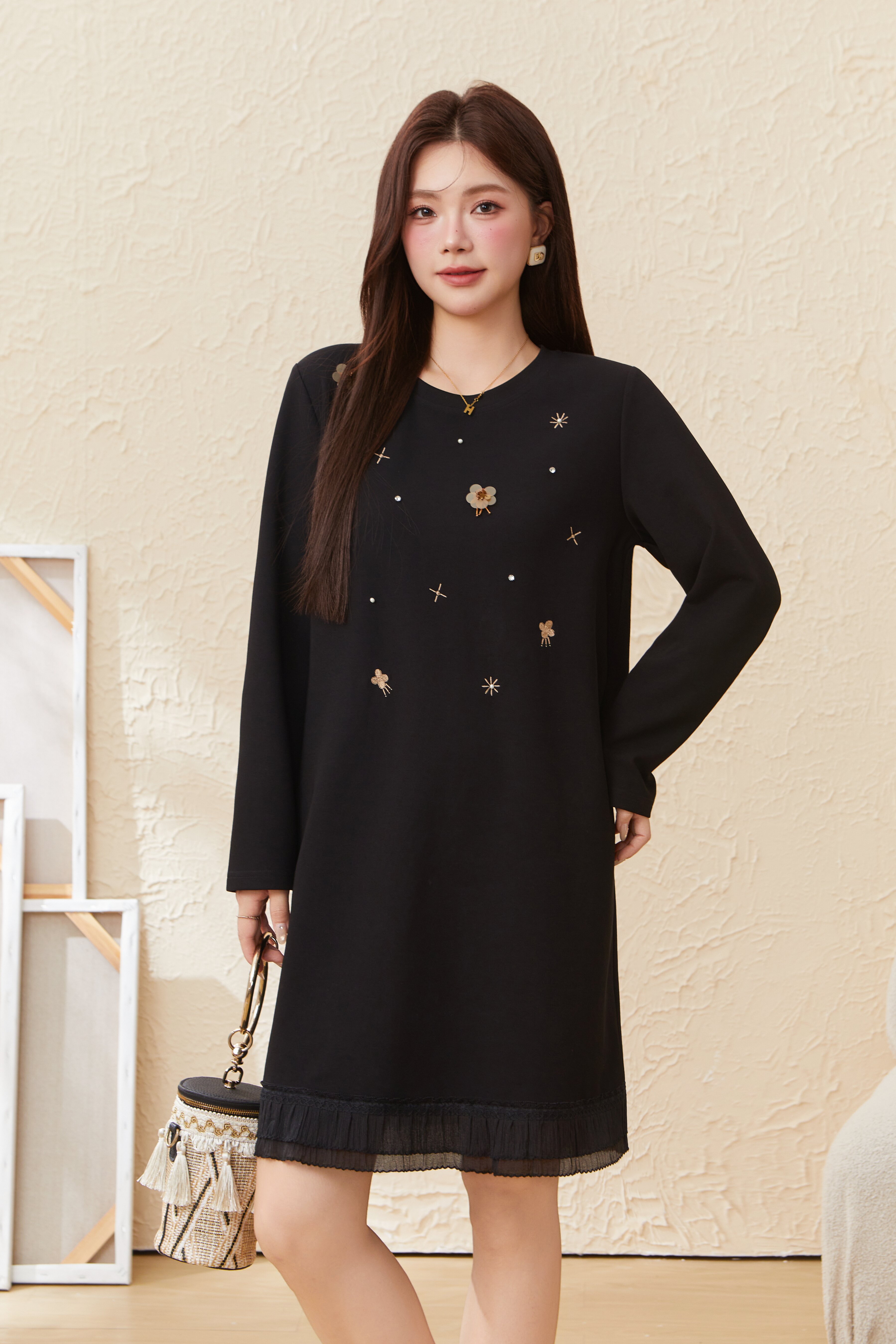 Nail bead ruffle edge knitted dress EDQ5817