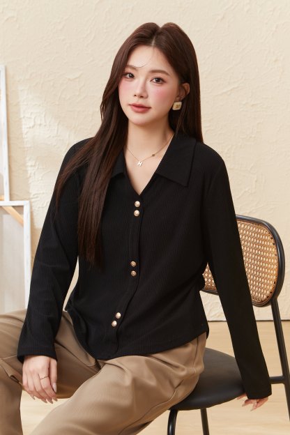 Turn-down Collar Ribbed Top EDZ5608