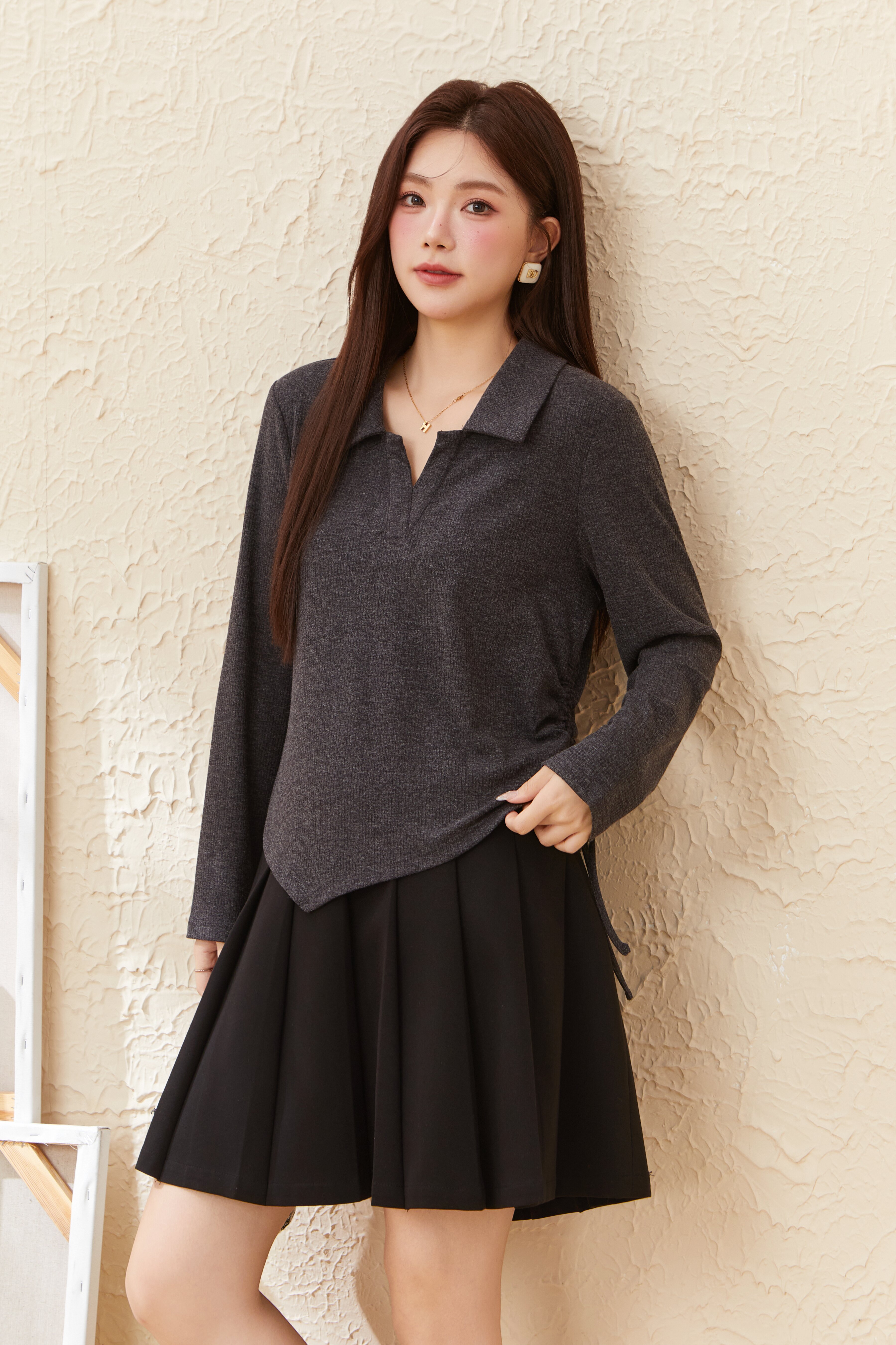POLO Collar Knitted Ribbed Side Drawstring T-Shirt EDZ5782