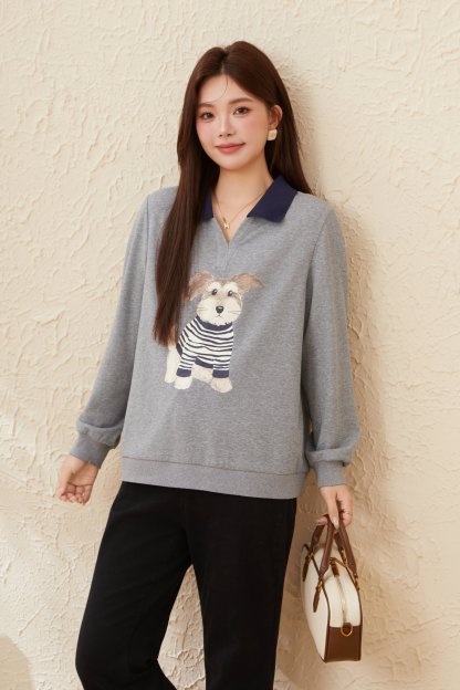 POLO Collar Puppy Print Loose Top EDZ5815