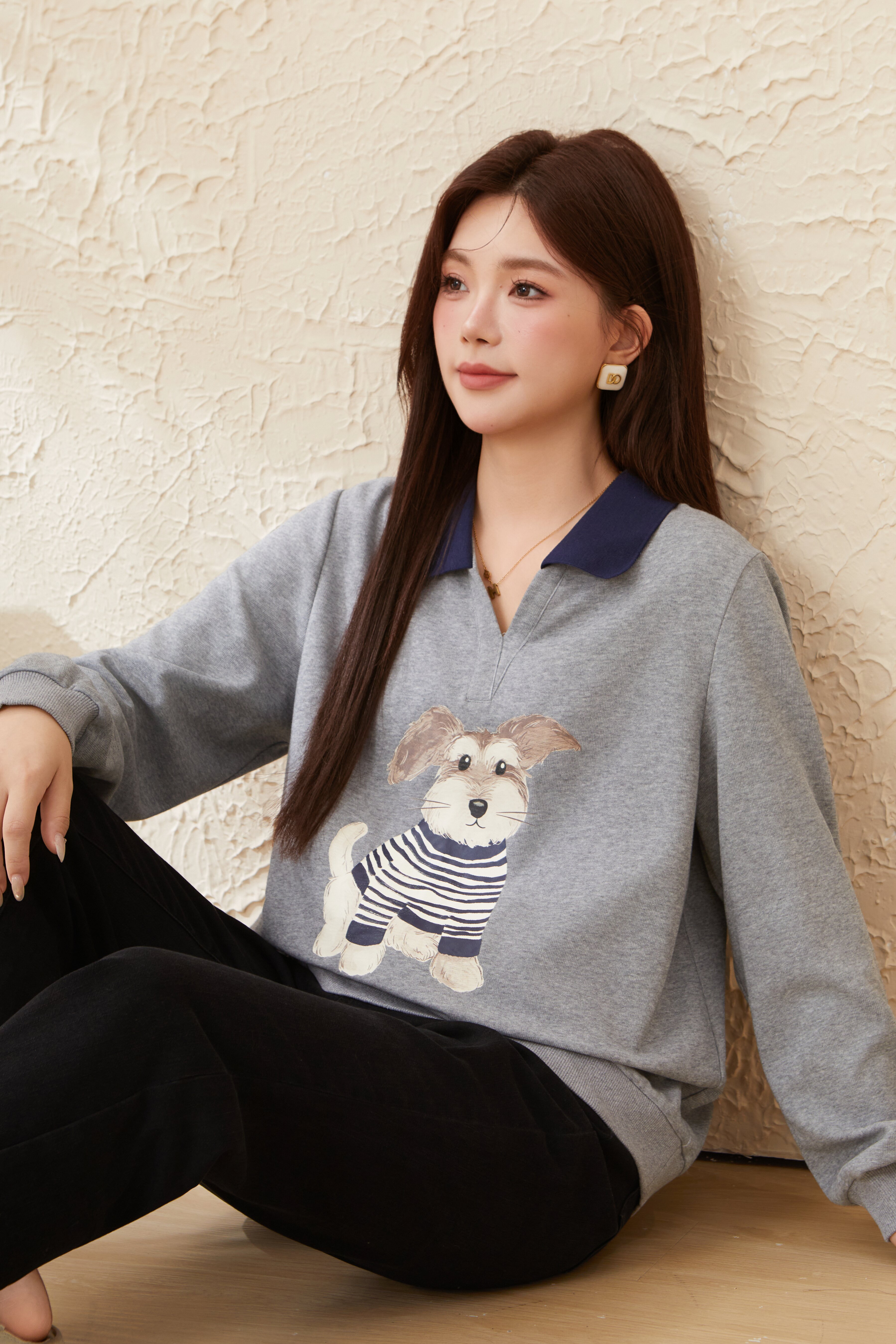 POLO Collar Puppy Print Loose Top EDZ5815