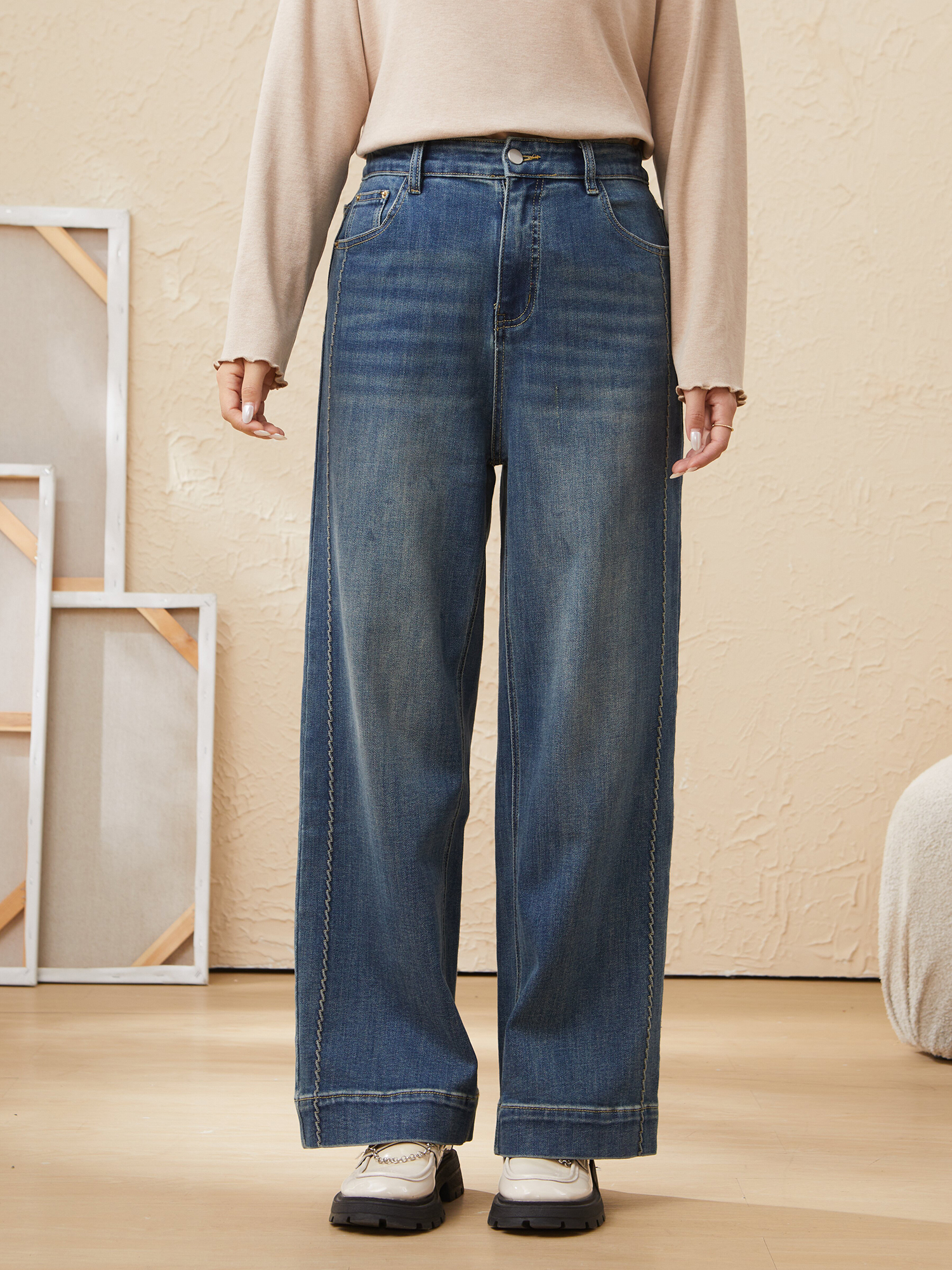 High Waist Topstitched Decorative Denim Trousers EDK6053