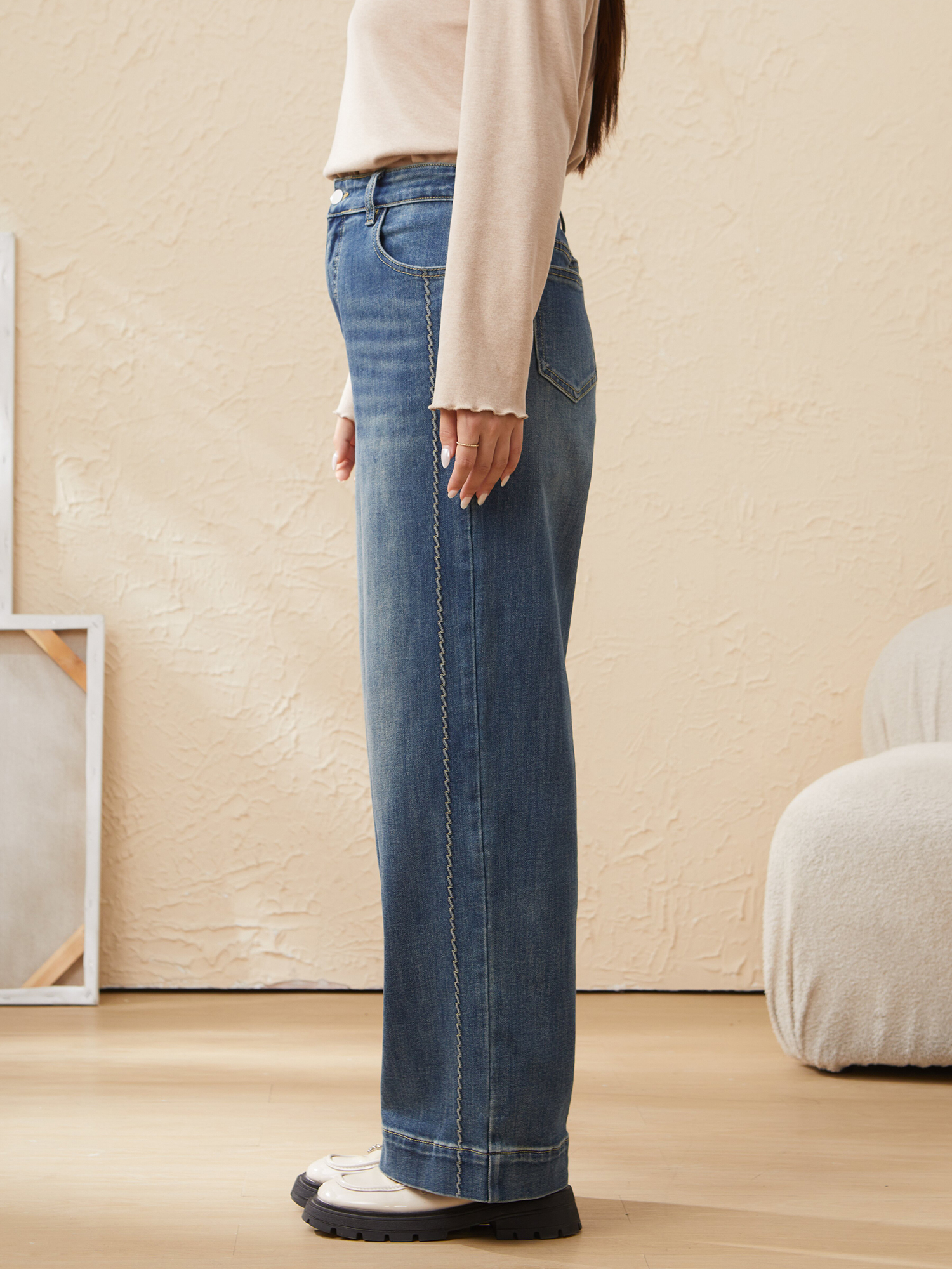 High Waist Topstitched Decorative Denim Trousers EDK6053