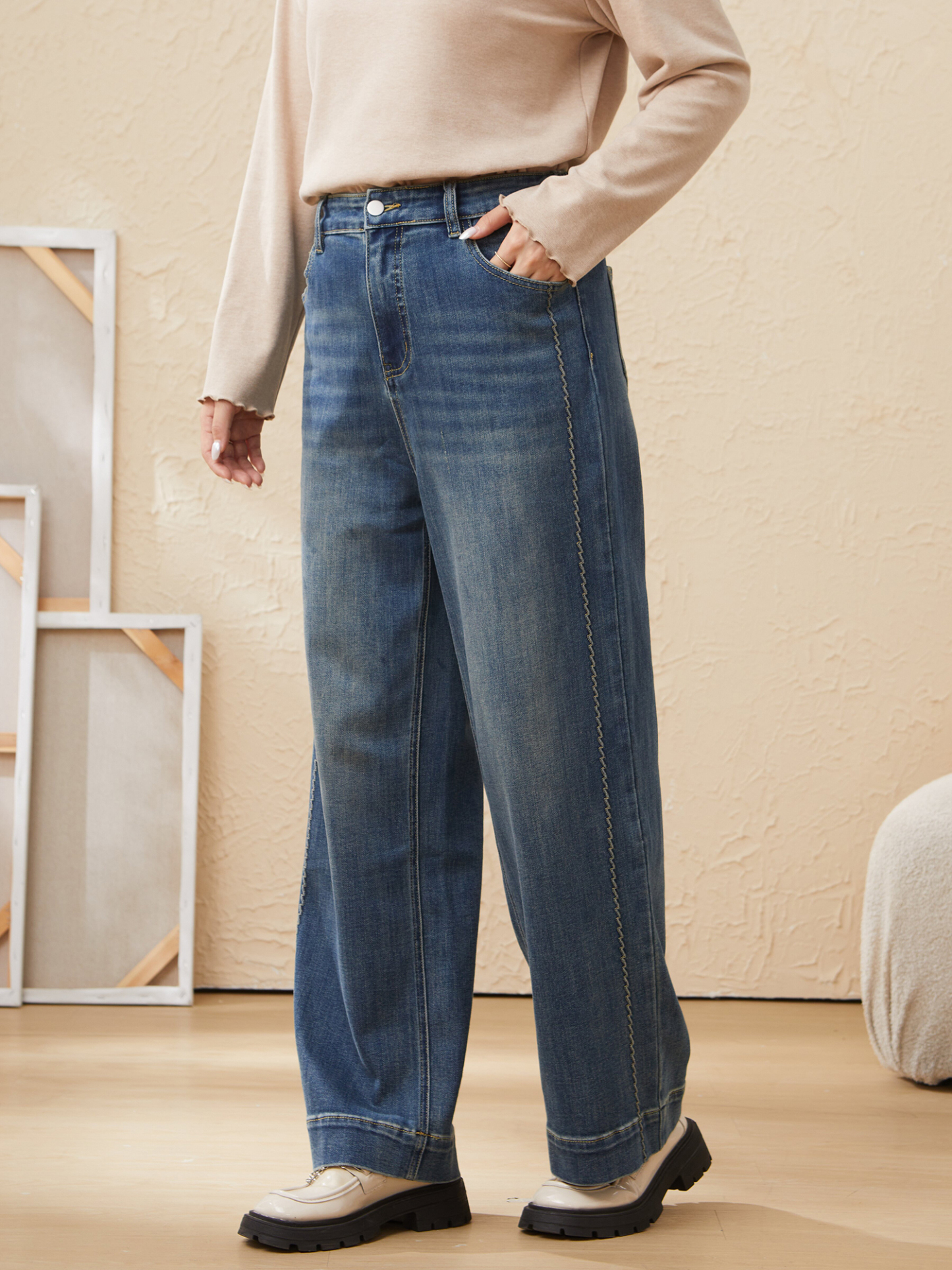 High Waist Topstitched Decorative Denim Trousers EDK6053