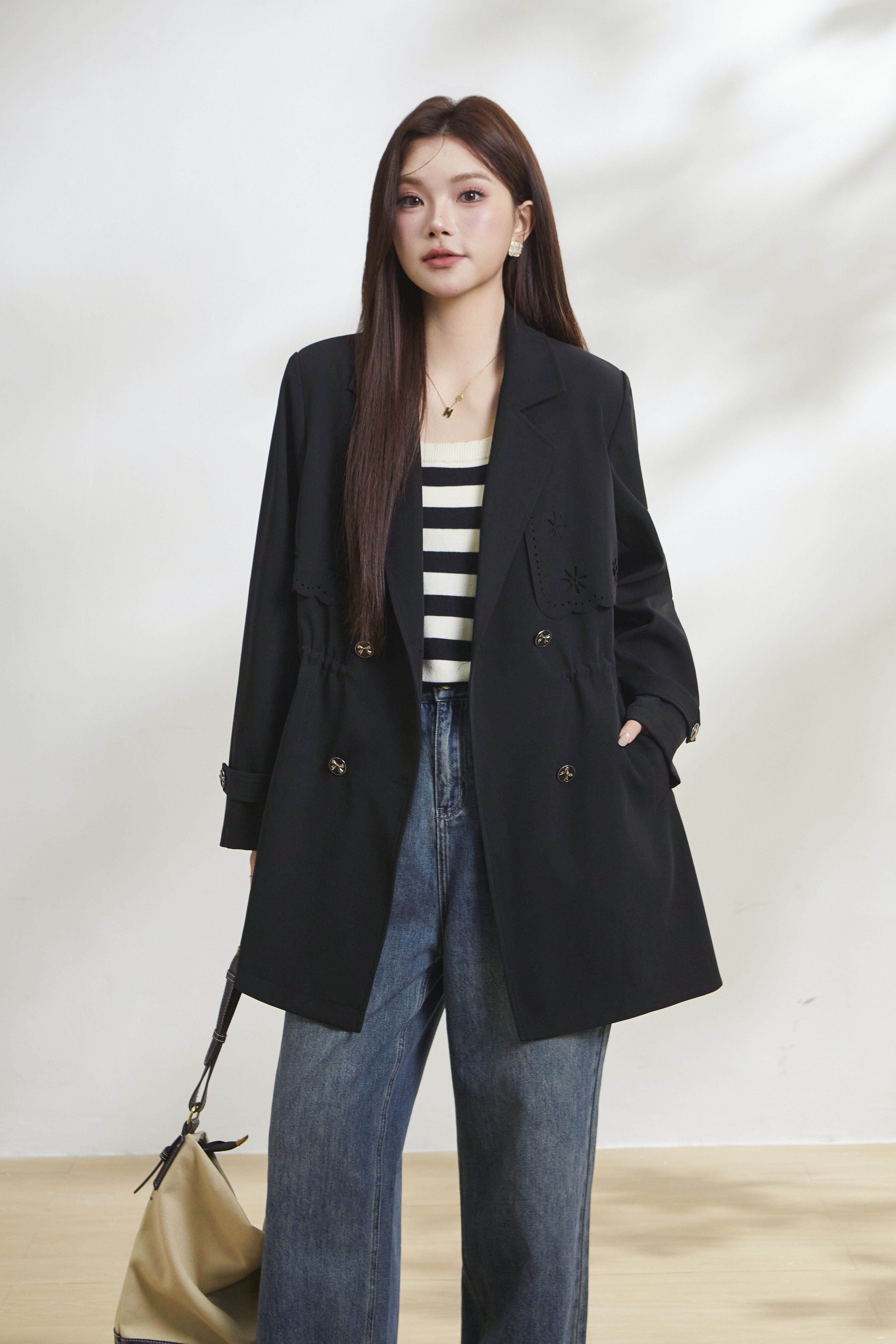 Double-breasted hollow embroidered trench coat FCW6976