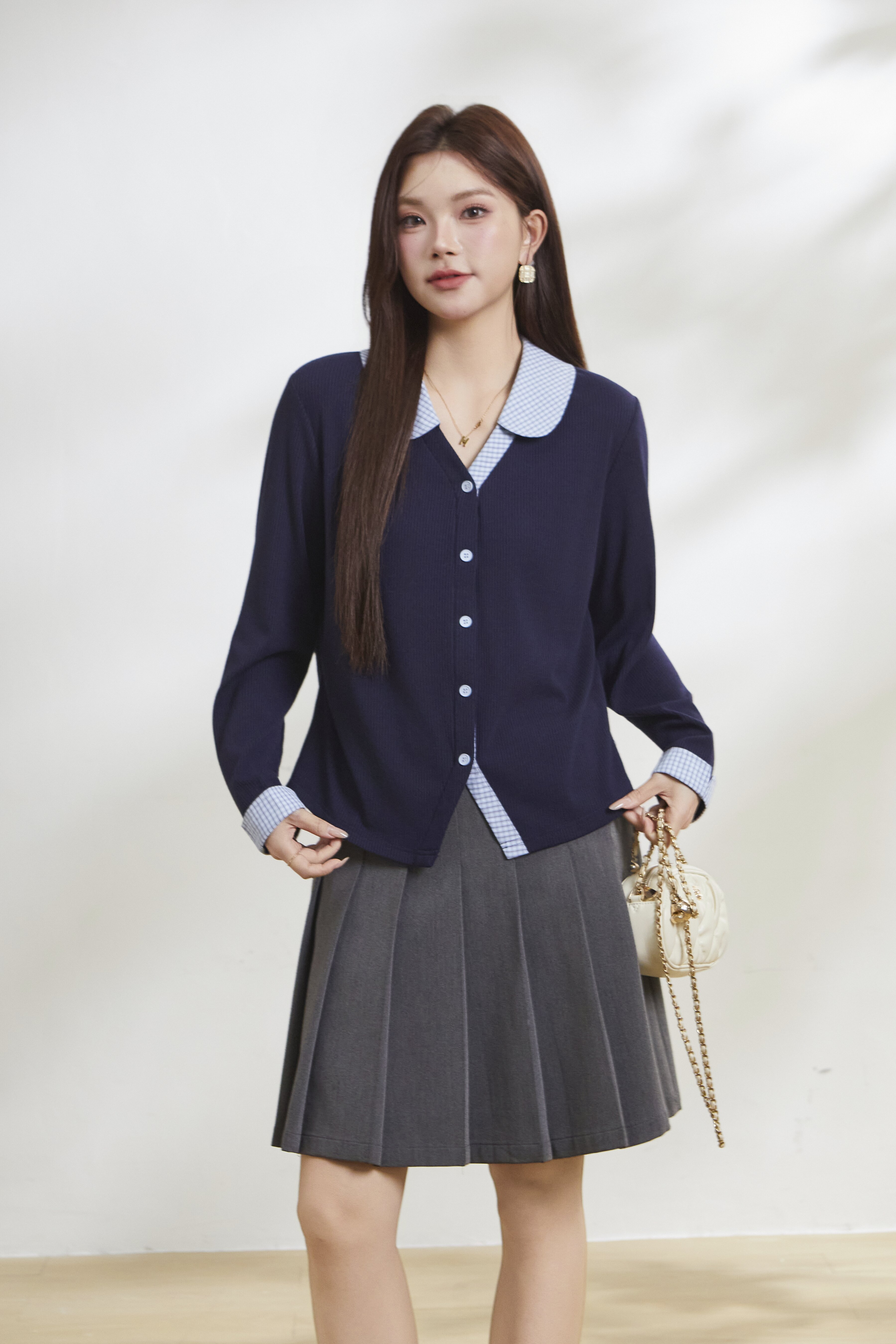 Youthful Knit Ribbed Patchwork Plaid Shirt FCA6860