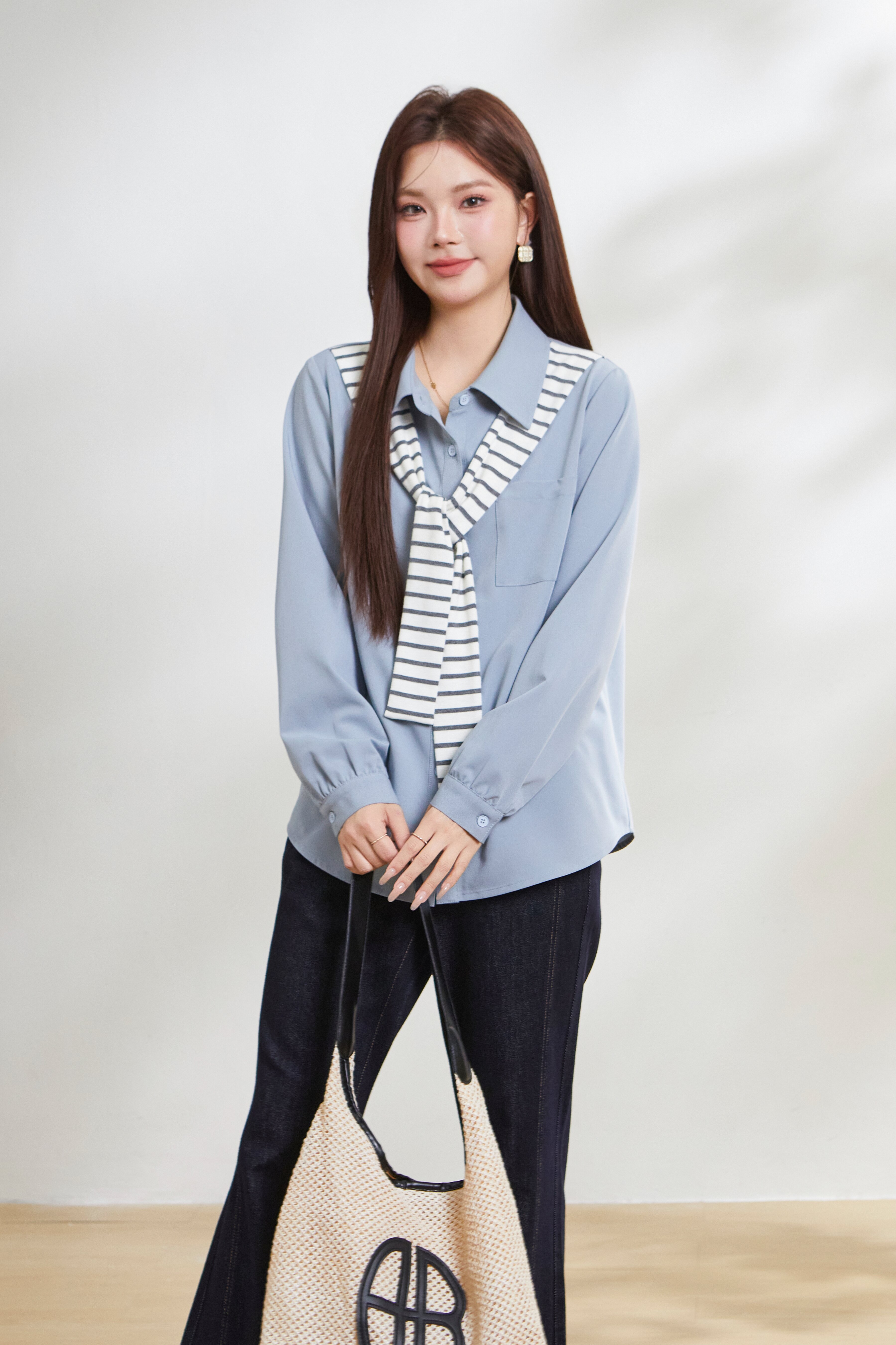 Fake Two-Piece Striped Shawl Shirt FCA6916