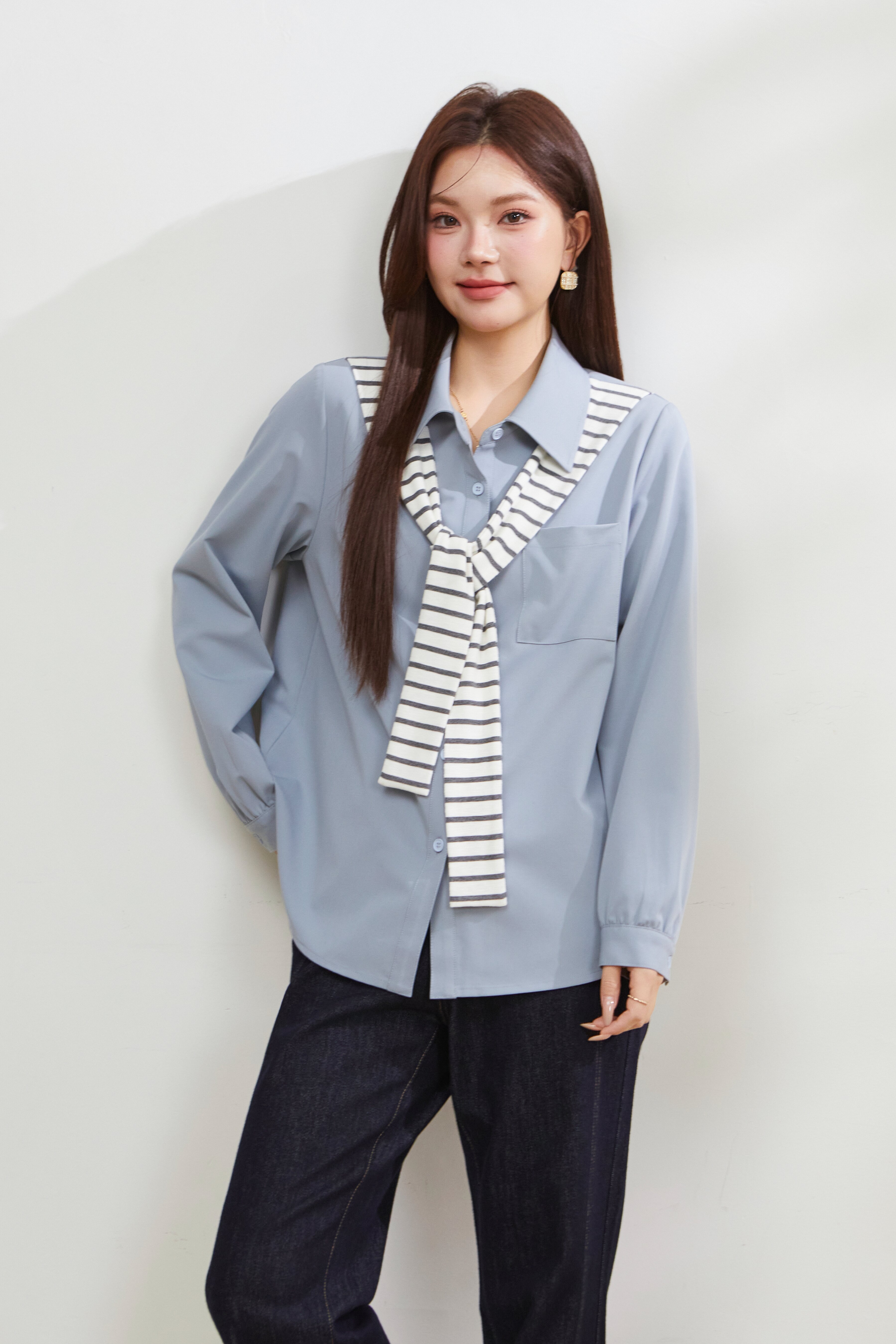 Fake Two-Piece Striped Shawl Shirt FCA6916