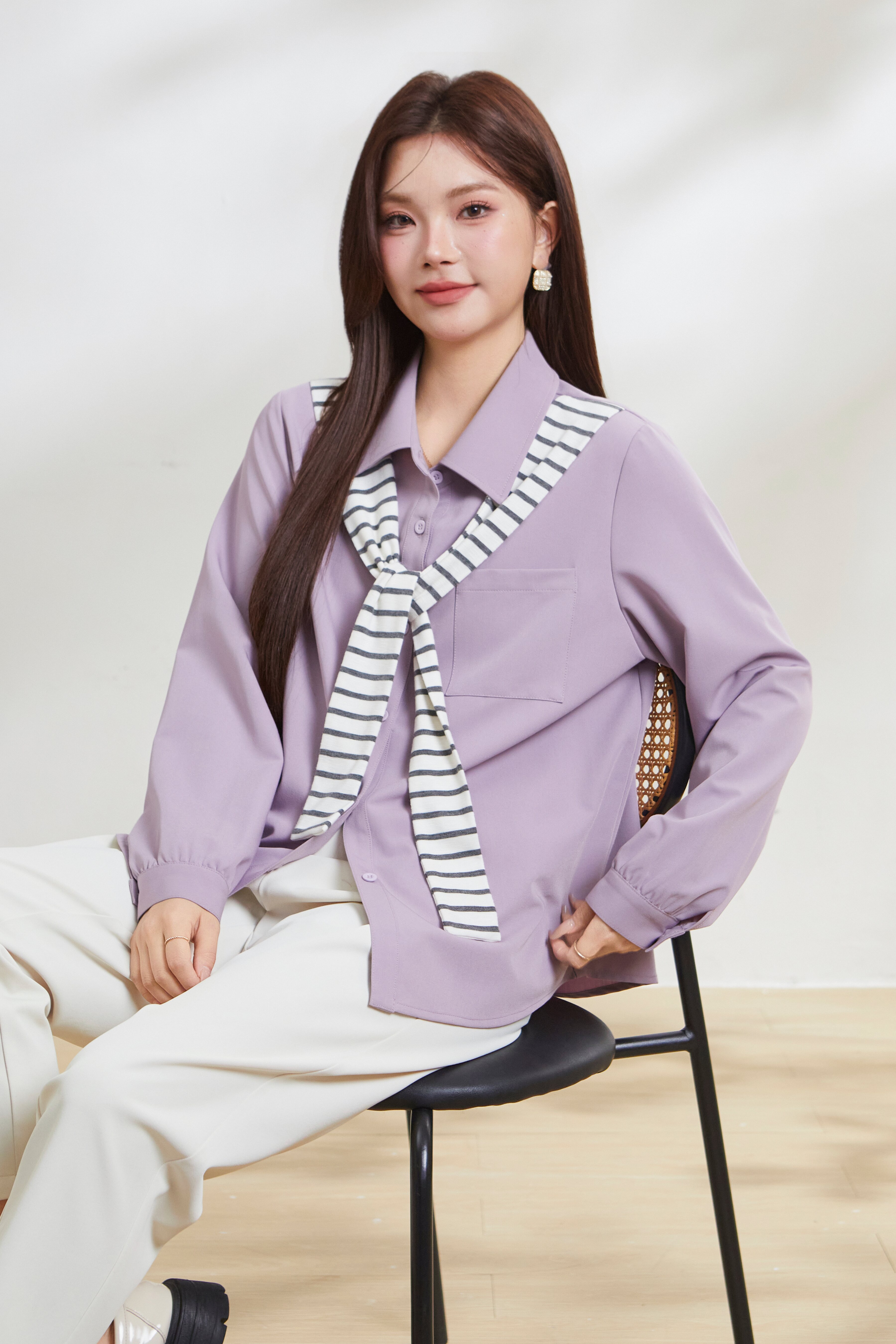 Fake Two-Piece Striped Shawl Shirt FCA6916