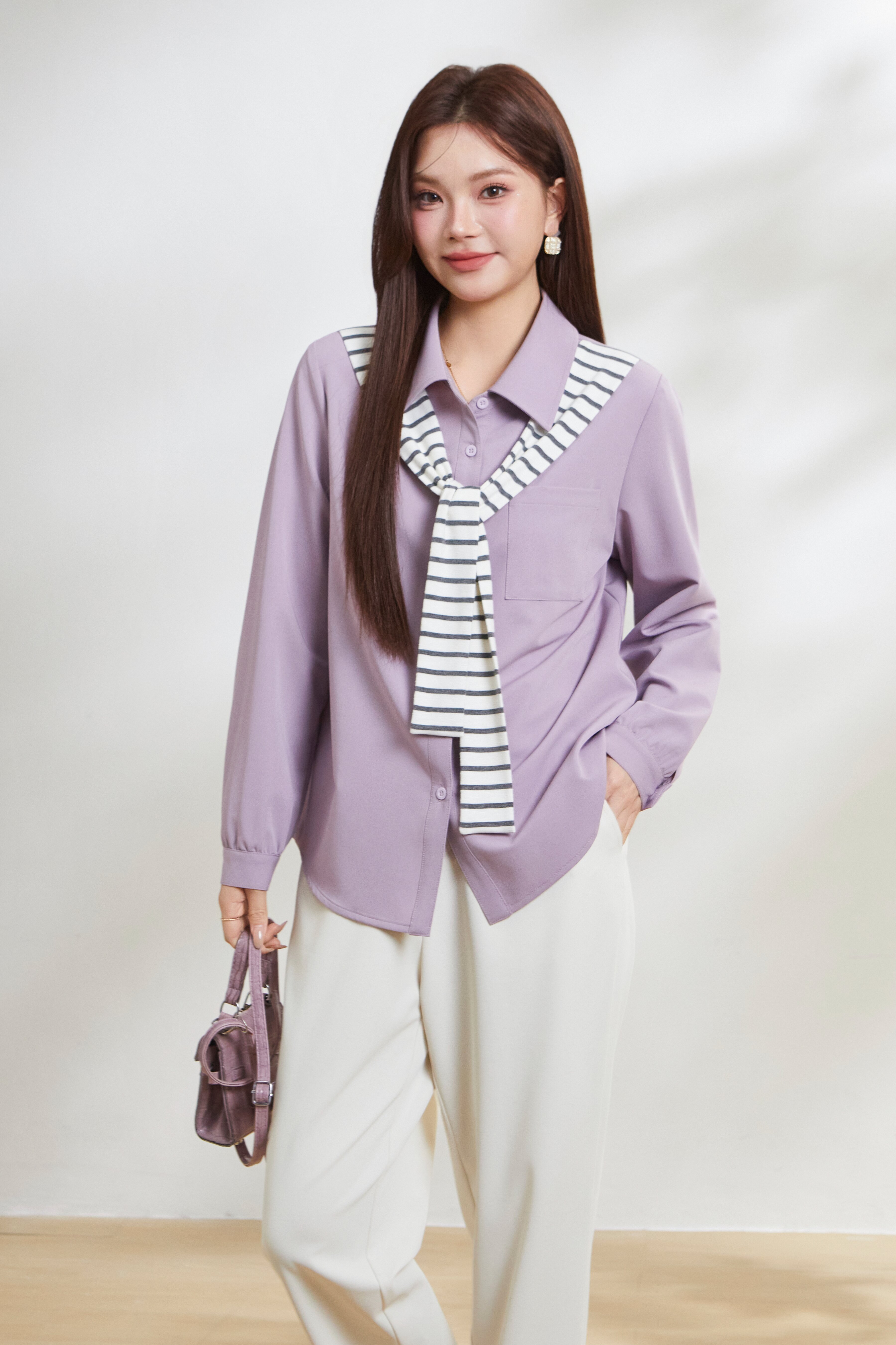 Fake Two-Piece Striped Shawl Shirt FCA6916